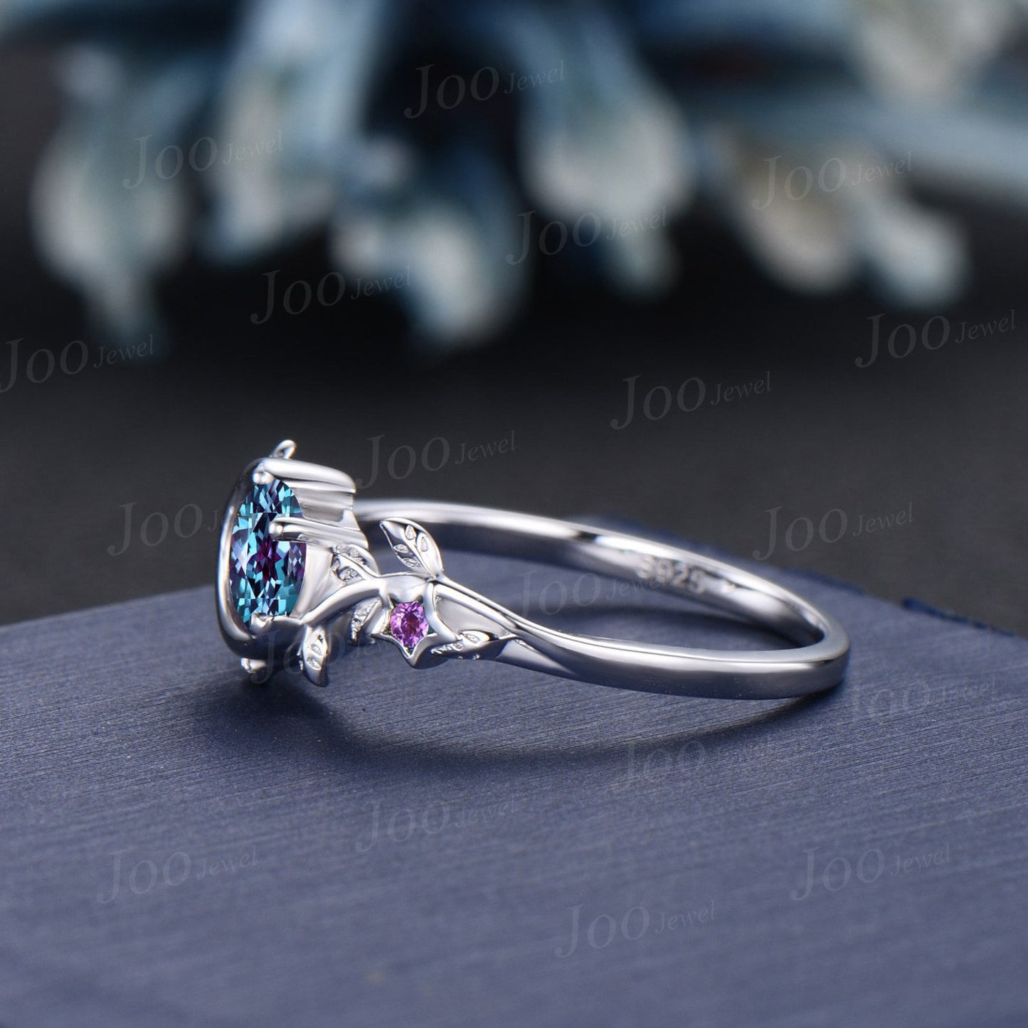 Nature Inspired Color-Change Alexandrite Engagement Ring 14K Gold Moon Star Design Round Alexandrite Amethyst Ring Branch Leaf Wedding Ring