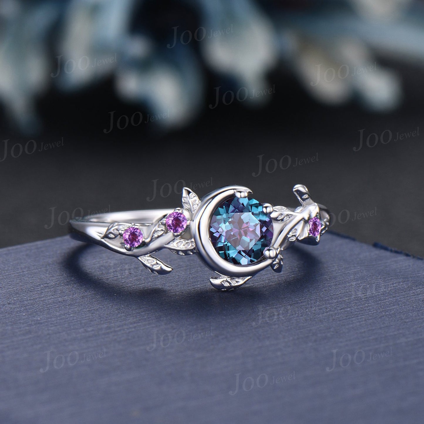 Nature Inspired Color-Change Alexandrite Engagement Ring 14K Gold Moon Star Design Round Alexandrite Amethyst Ring Branch Leaf Wedding Ring