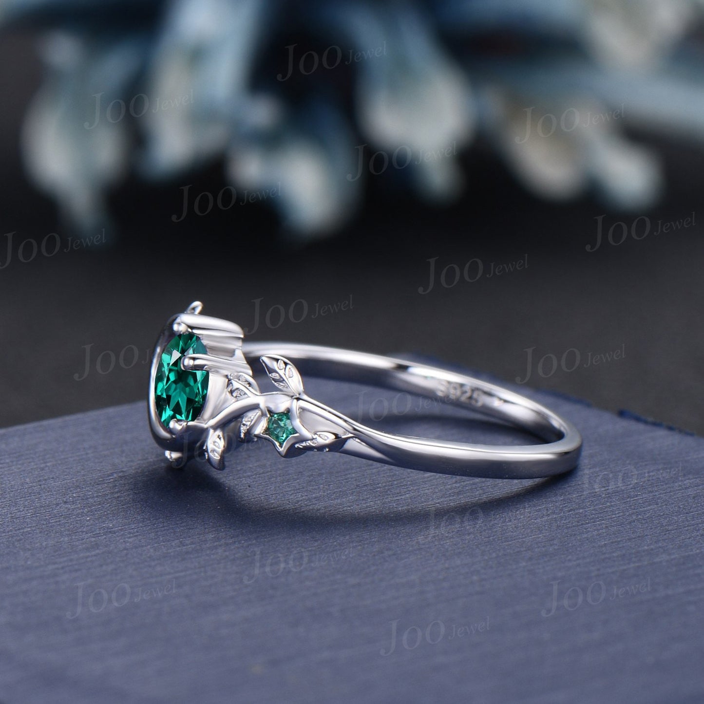 Moon Star Design Round Emerald Promise Ring 10K White Gold Nature Inspired Green Emerald Engagement Ring Branch Leaf Emerald Wedding Rings
