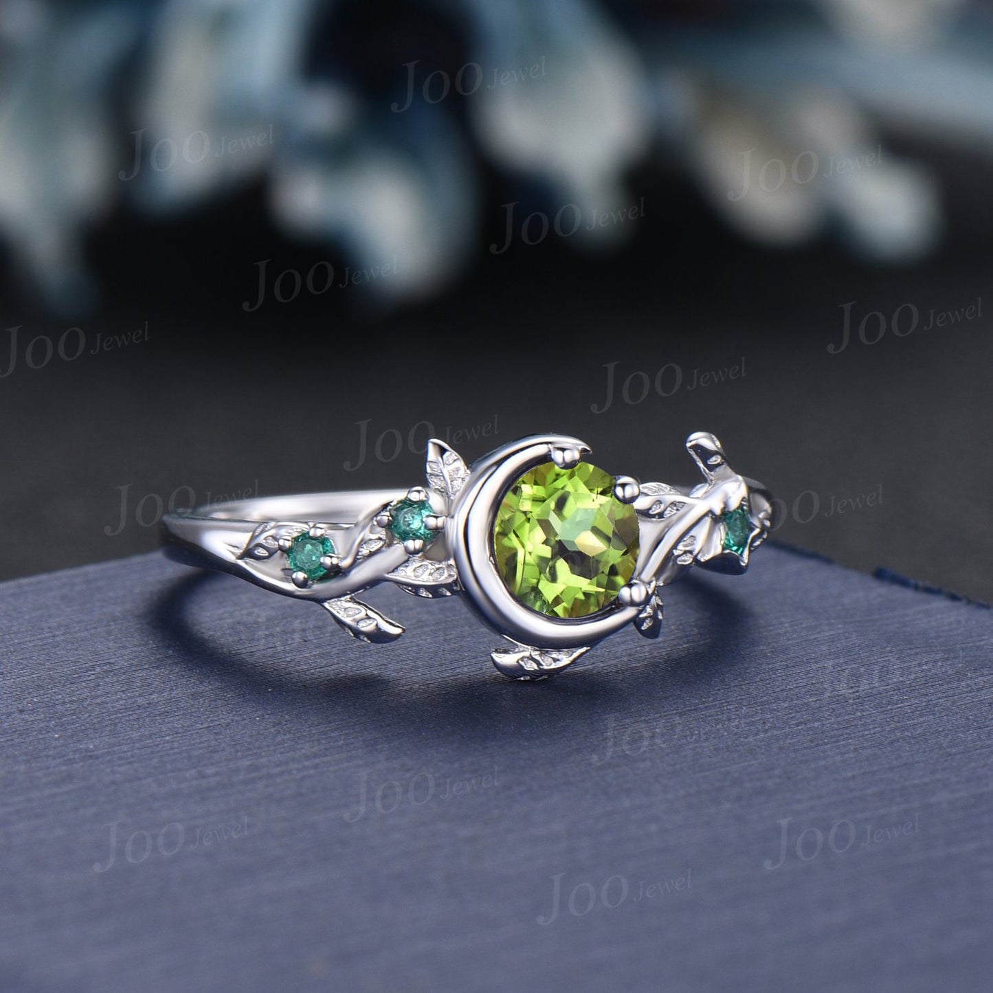 5mm Round Natural Green Peridot Emerald Engagement Ring Vine Twig Leaf Nature Inspired Peridot Wedding Ring Art Deco Moon Star Promise Ring