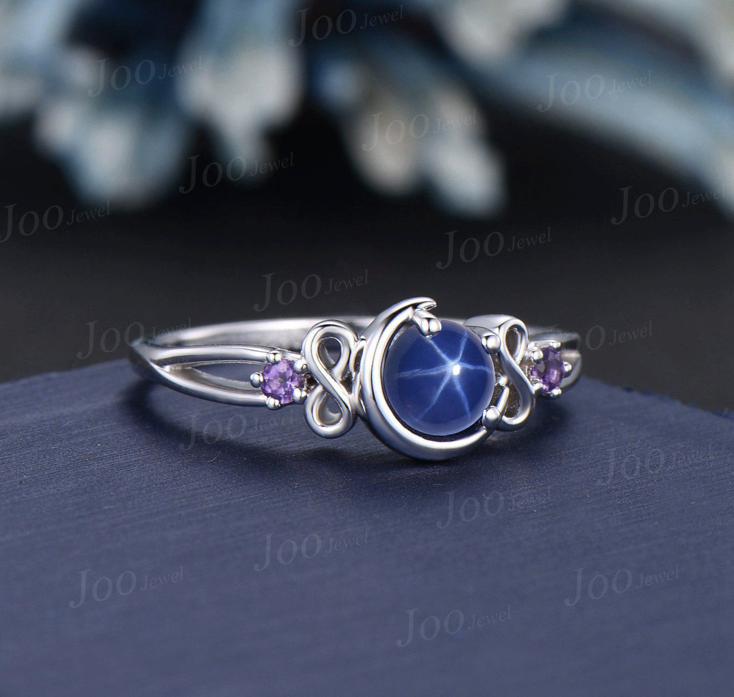 5mm Round Star Sapphire Moon Engagement Ring Amethyst Infinity Wedding Ring Split Shank Band Unique Personalized Anniversary/Promise Ring
