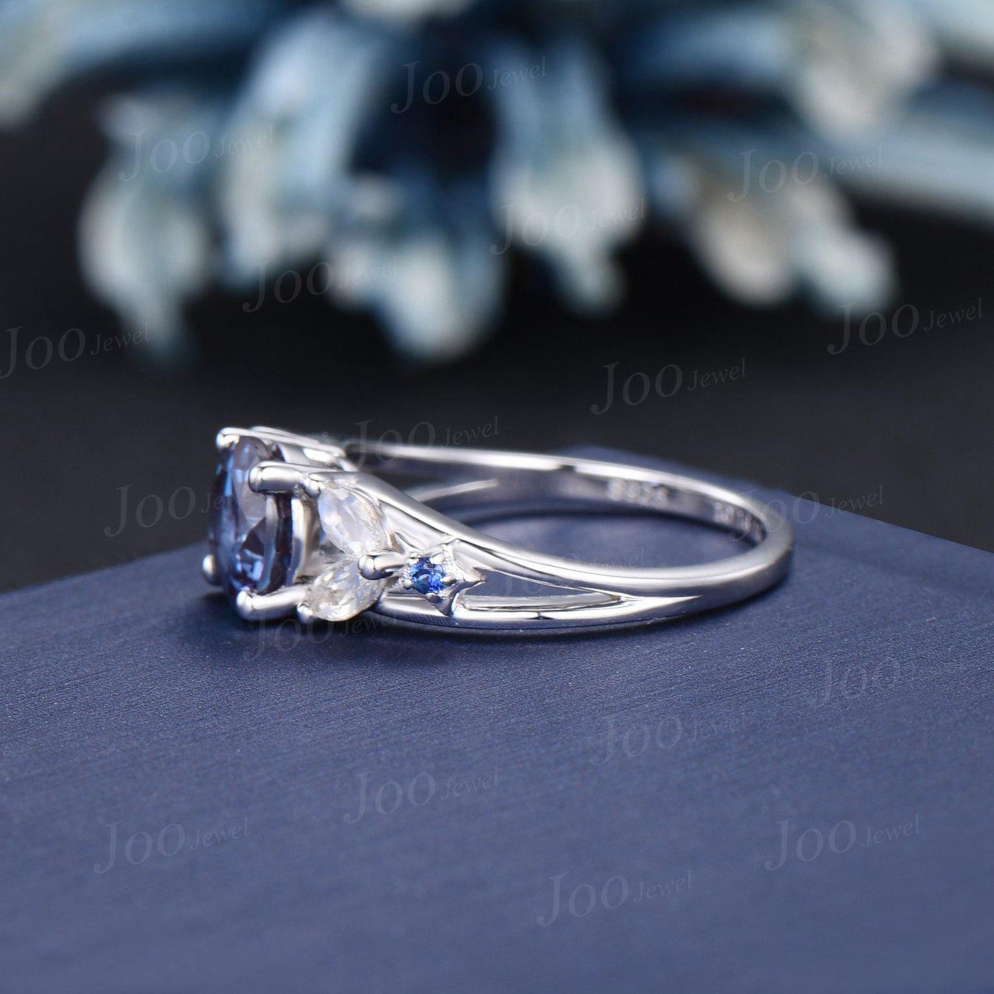 7mm Round Cut Color-Change Alexandrite Engagement Rings Split Shank Band Cluster Natural Moonstone Blue Sapphire Ring Sterling Silver Ring
