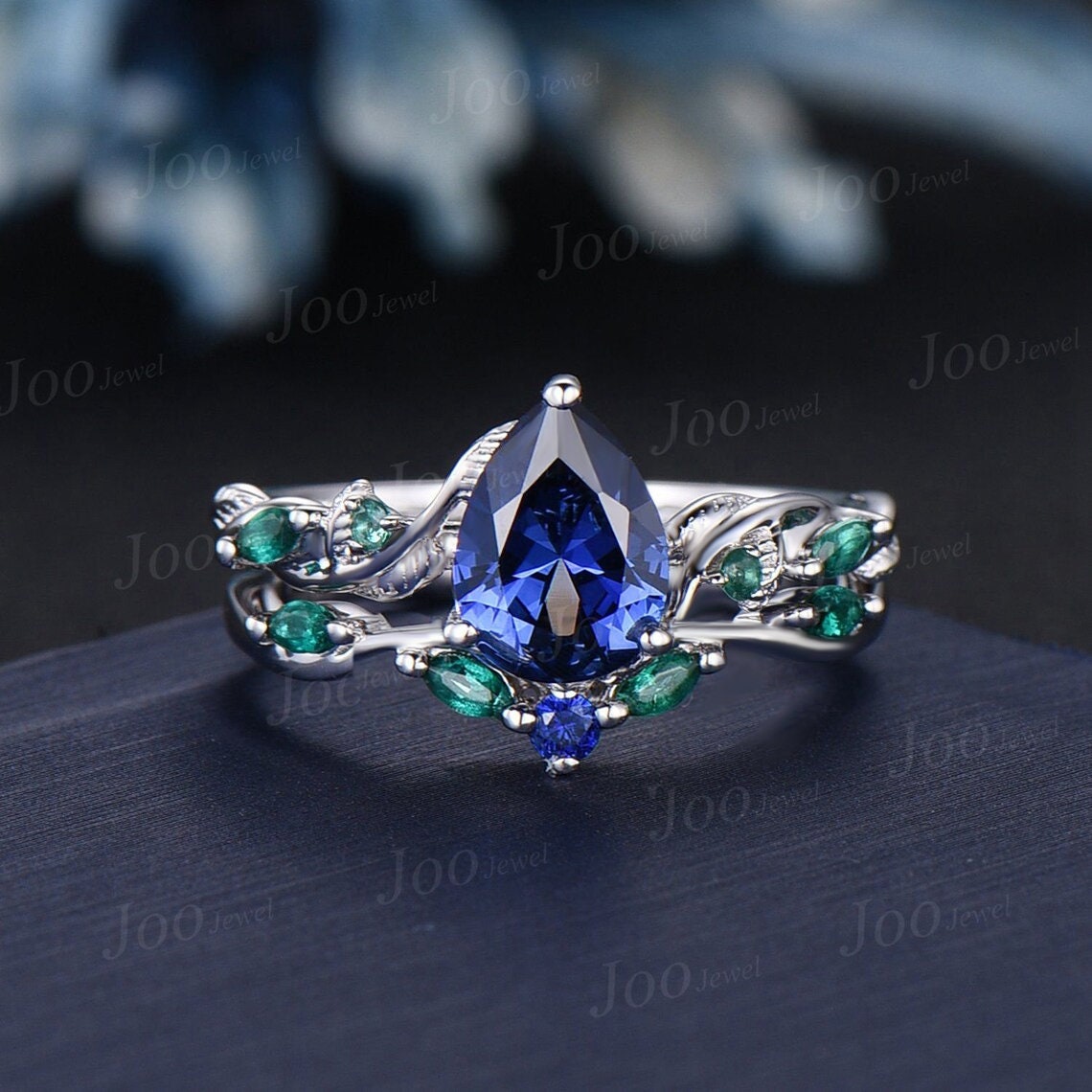 Twig Vine Blue Sapphire Engagement Ring Set Vintage Nature Inspired Pear Cut Blue Sapphire Emerald Promise Ring Antique Noble Gift for Women