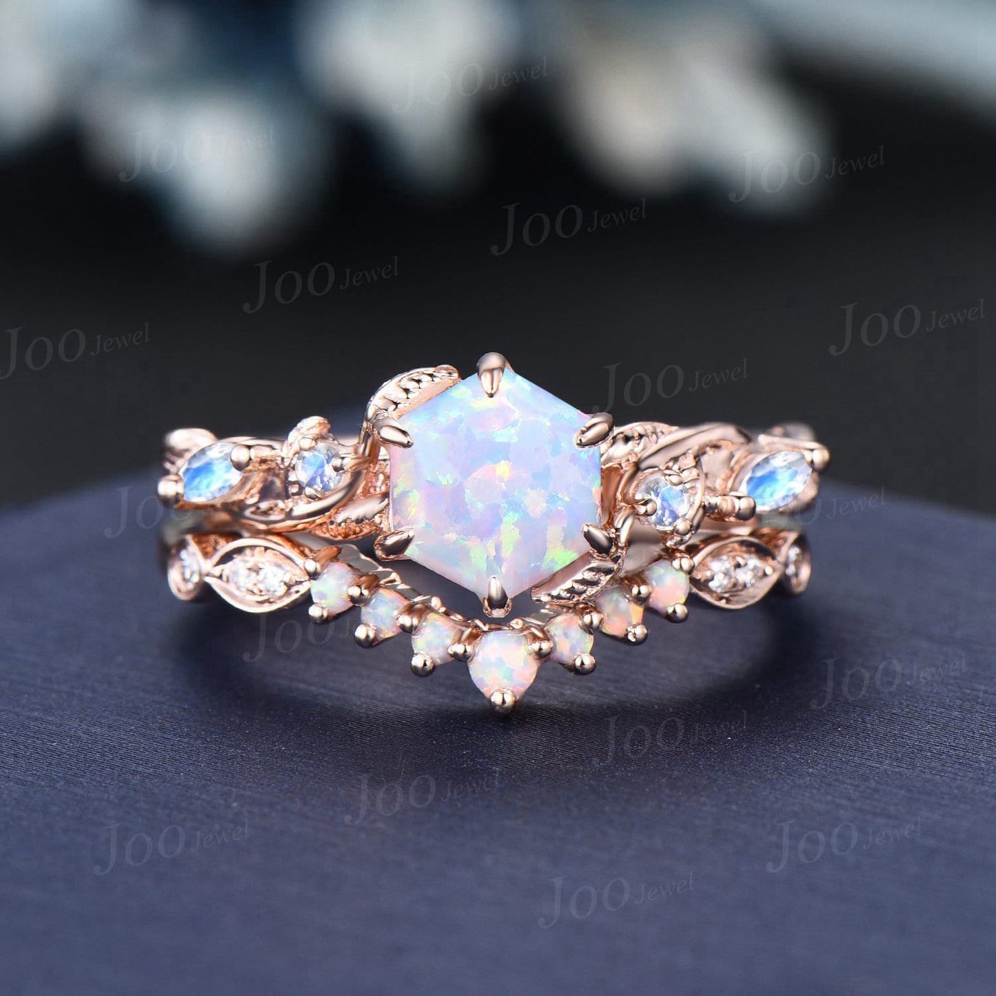 Nature Inspired Twig Opal Ring Set 10K Rose Gold 1ct Hexagon Opal Moonstone Branch Engagement Ring Unique October Birthstone Birthday Gifts
