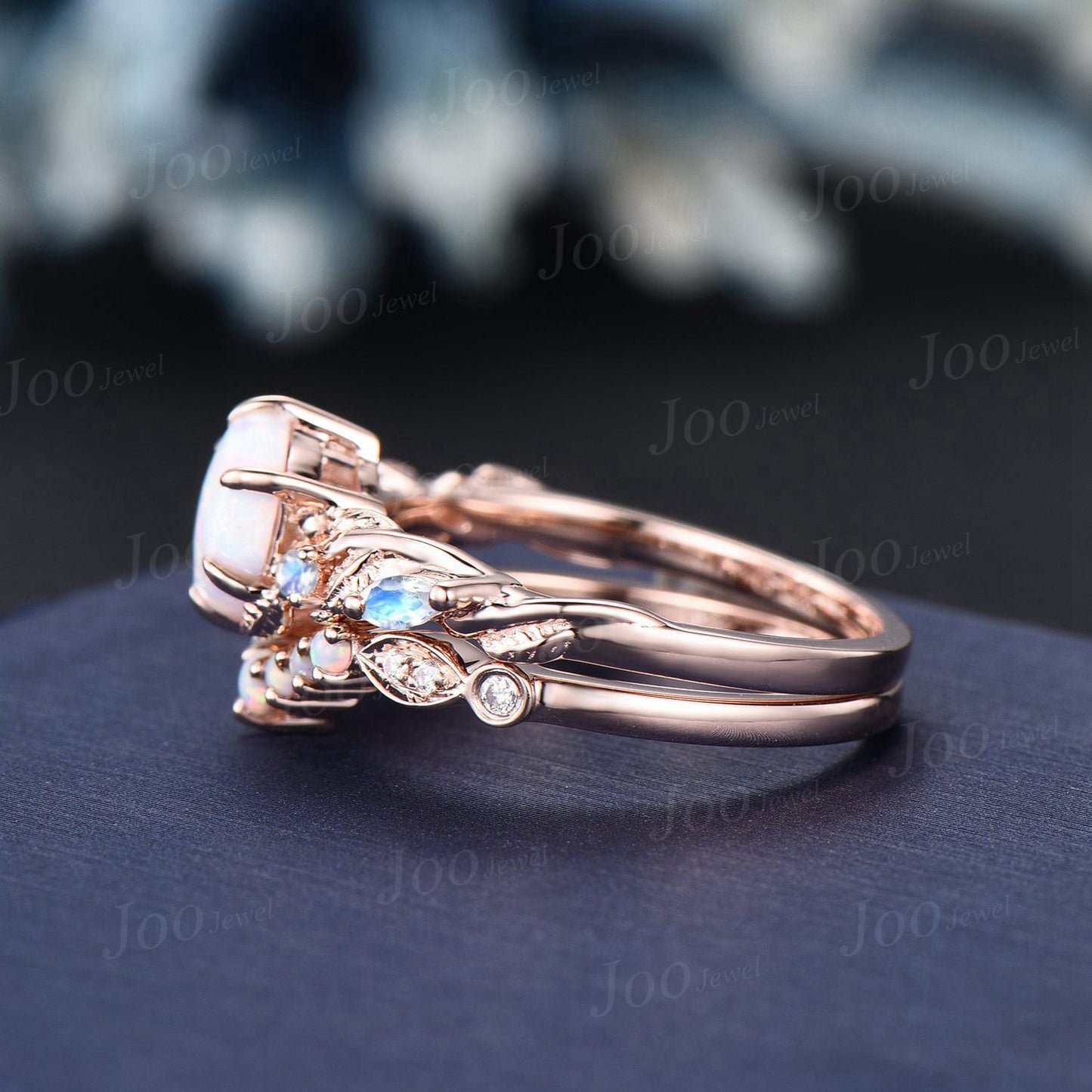 Nature Inspired Twig Opal Ring Set 10K Rose Gold 1ct Hexagon Opal Moonstone Branch Engagement Ring Unique October Birthstone Birthday Gifts