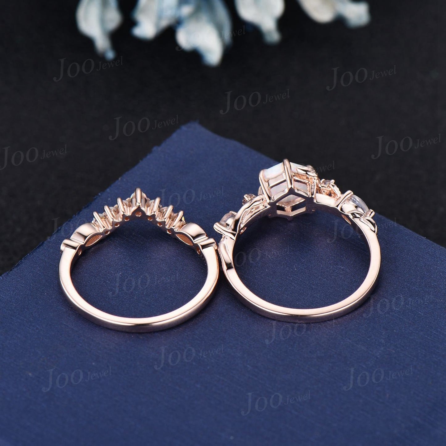 Nature Inspired Twig Opal Ring Set 10K Rose Gold 1ct Hexagon Opal Moonstone Branch Engagement Ring Unique October Birthstone Birthday Gifts