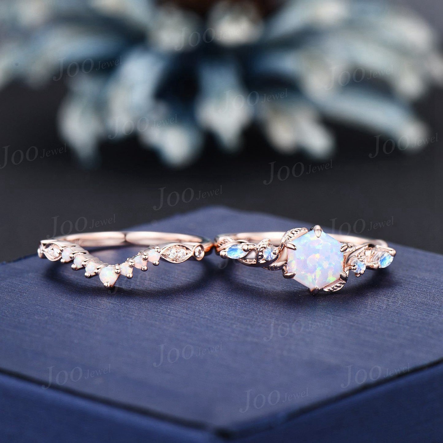 Nature Inspired Twig Opal Ring Set 10K Rose Gold 1ct Hexagon Opal Moonstone Branch Engagement Ring Unique October Birthstone Birthday Gifts