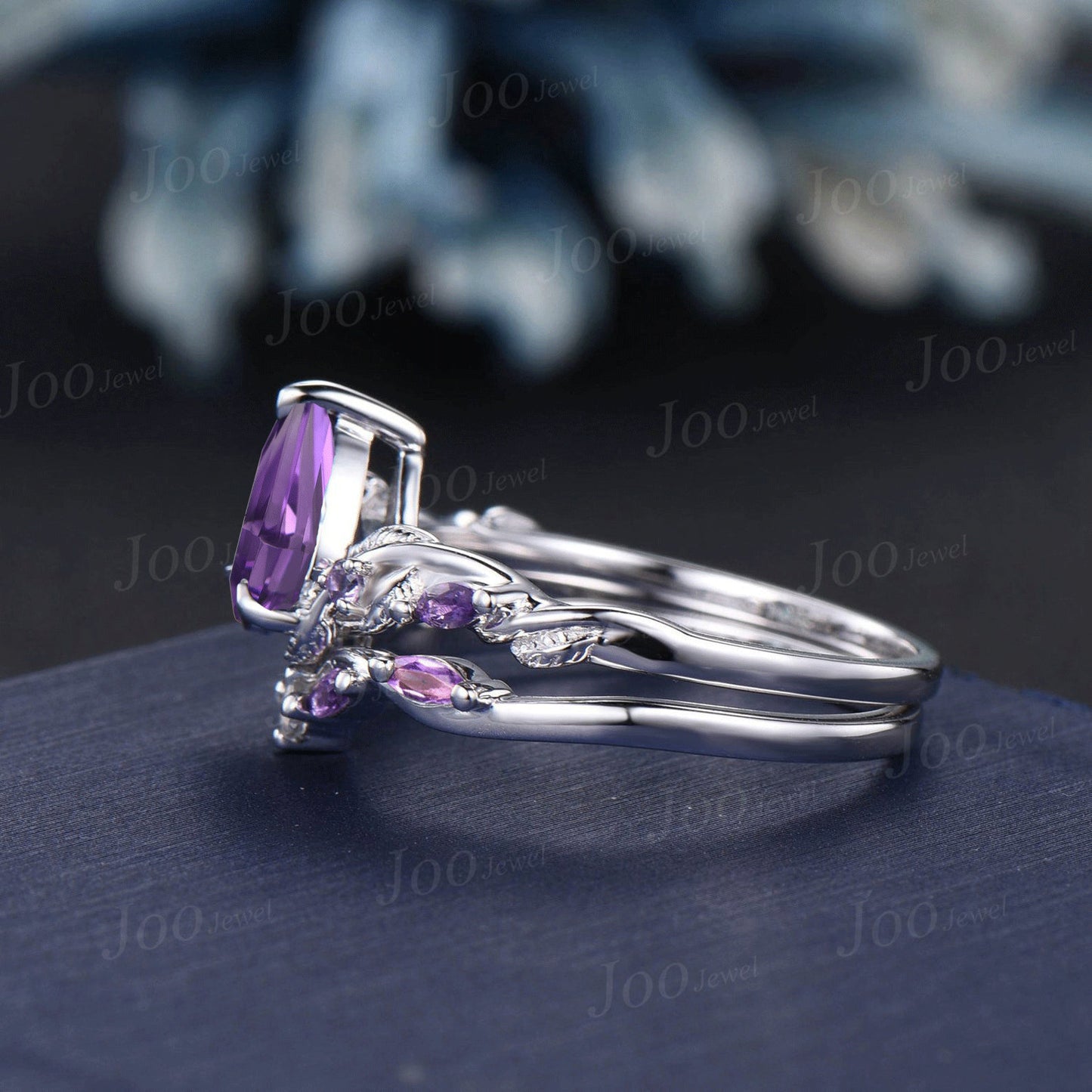 Nature Inspired Natural Amethyst Engagement Ring Set 1.25ct Twist Twig Vine Pear Wedding Ring Unique Proposal Ring February Birthstone Gifts