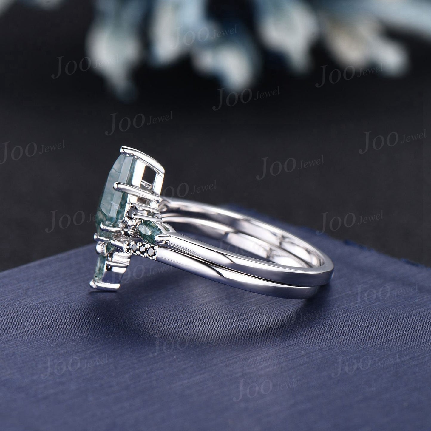 Vintage 1ct Kite Green Moss Agate Engagement Ring Set 14K White Gold Moss Agate Black Diamond Ring Women Unique Agate Stone Wedding Ring Set