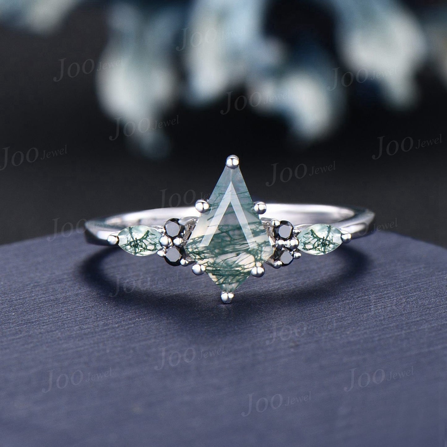 Vintage 1ct Kite Green Moss Agate Engagement Ring Set 14K White Gold Moss Agate Black Diamond Ring Women Unique Agate Stone Wedding Ring Set