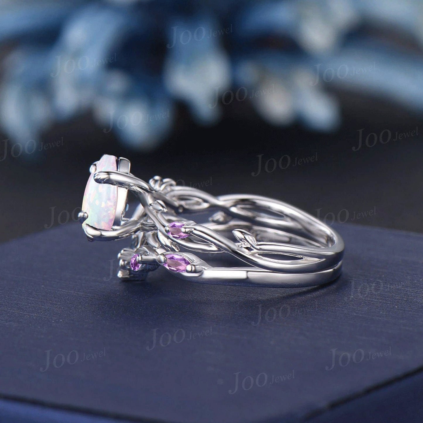 1.25ct Nature Inspired White Opal Bridal Set Unique 14K White Gold Pear Shaped Fire Opal Amethyst Wedding Ring Twig Vine Branch Promise Ring