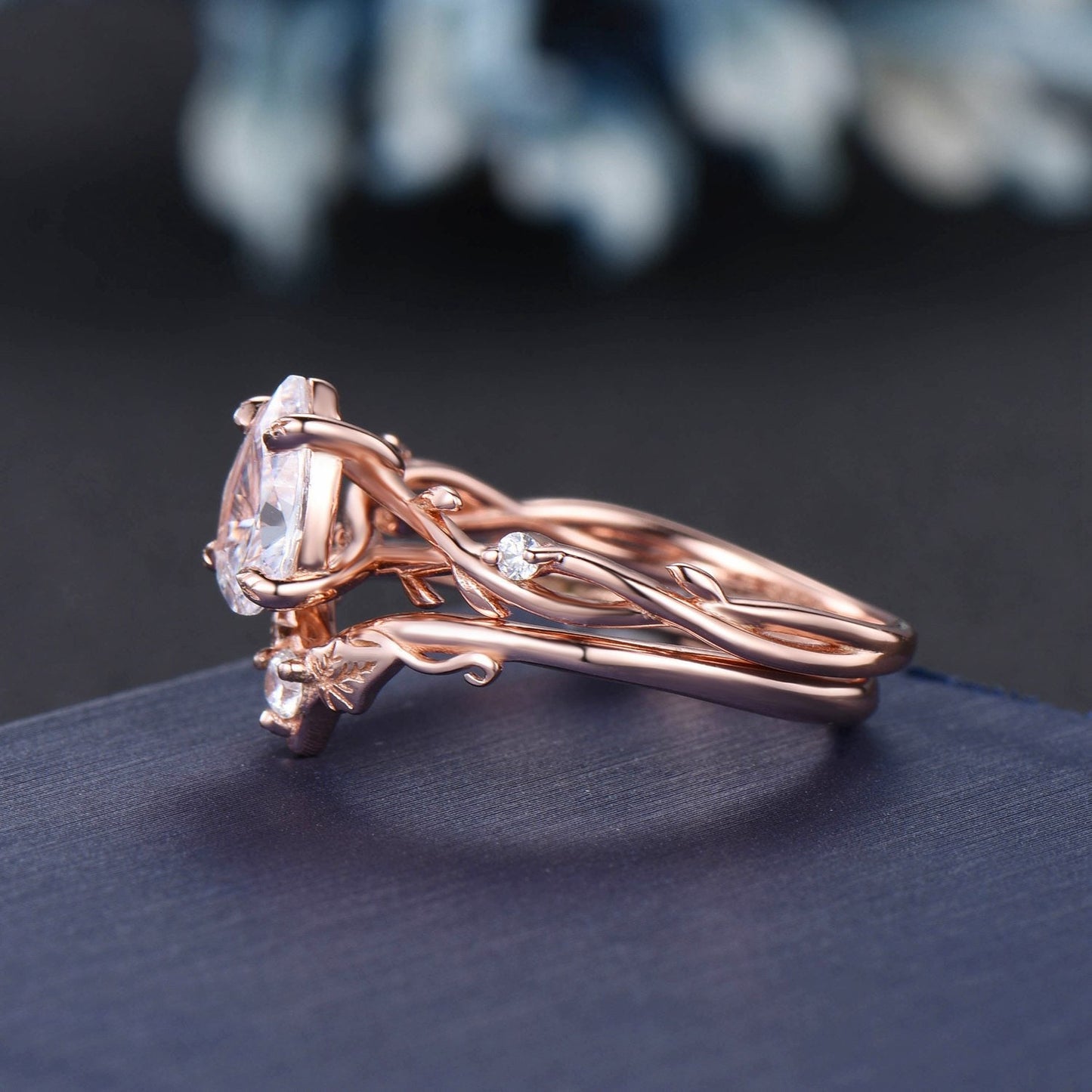 1.25ct Moissanite Diamond Ring Set 14K Rose Gold Nature Inspired Twig Vine Diamond Engagement Ring Unique Pear Wedding Anniversary Ring Gift