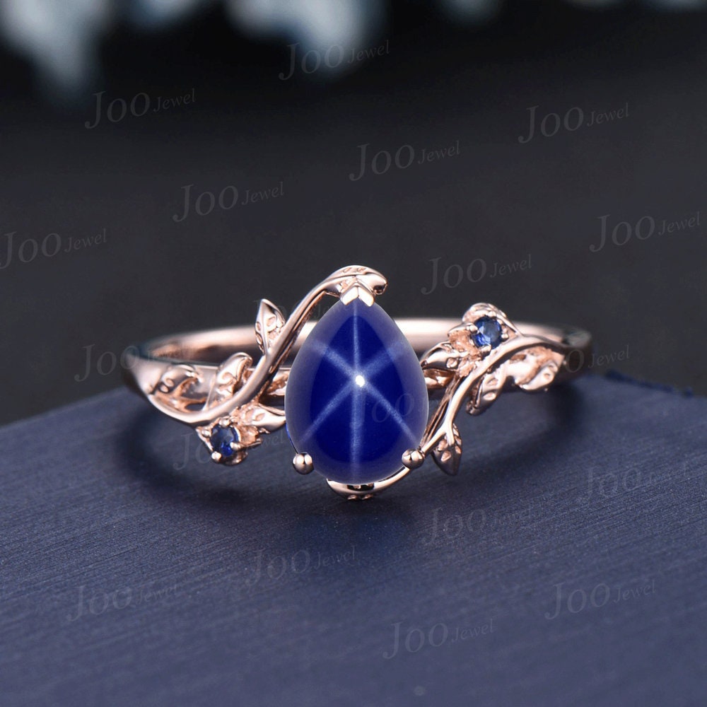 1.25ct Pear Cut Nature Inspired Star Sapphire Engagement Ring Set Branch Leaf Blue Sapphire Wedding Ring Set Unique Handmade Proposal Gifts