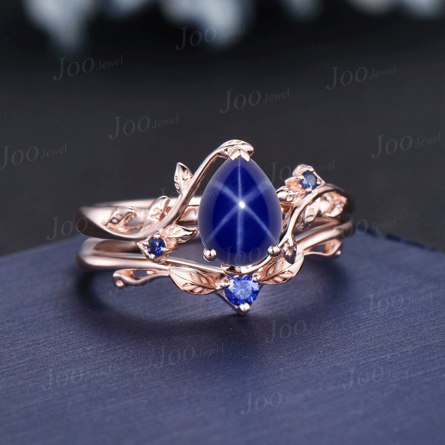 1.25ct Pear Cut Nature Inspired Star Sapphire Engagement Ring Set Branch Leaf Blue Sapphire Wedding Ring Set Unique Handmade Proposal Gifts