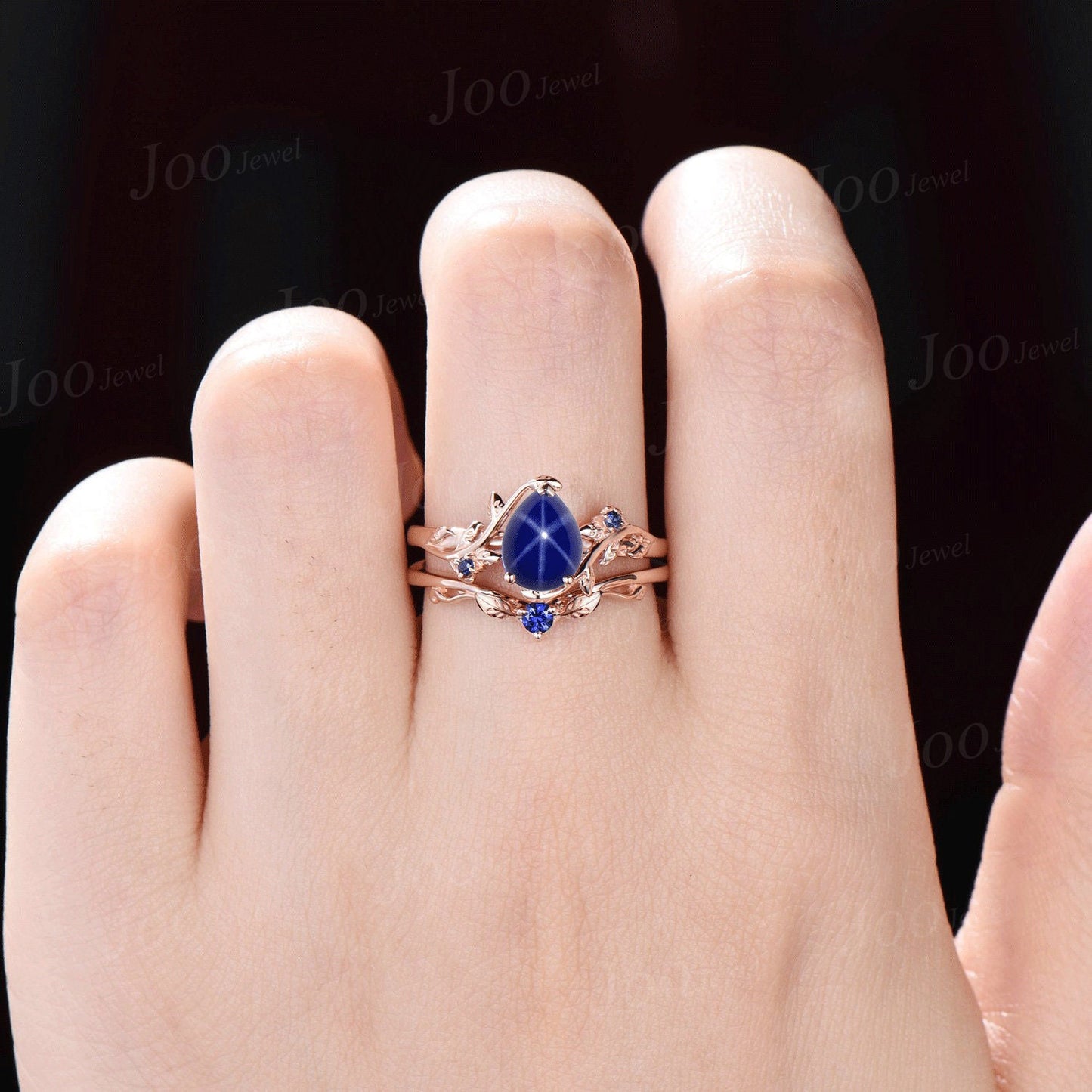 1.25ct Pear Cut Nature Inspired Star Sapphire Engagement Ring Set Branch Leaf Blue Sapphire Wedding Ring Set Unique Handmade Proposal Gifts