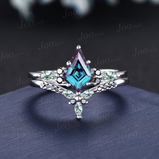 Vintage 1ct Kite Color-Change Alexandrite Moss Agate Engagement Ring Set 14K White Gold Alexandrite Black Diamond Ring Unique Wedding Ring