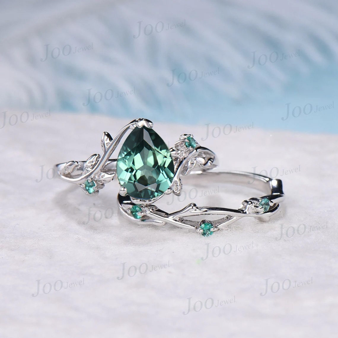 1.25ct Pear Cut Nature Inspired Green Sapphire Engagement Ring Set 10K White Gold Teal Sapphire Green Emerald Ring Unique Wedding Ring Women
