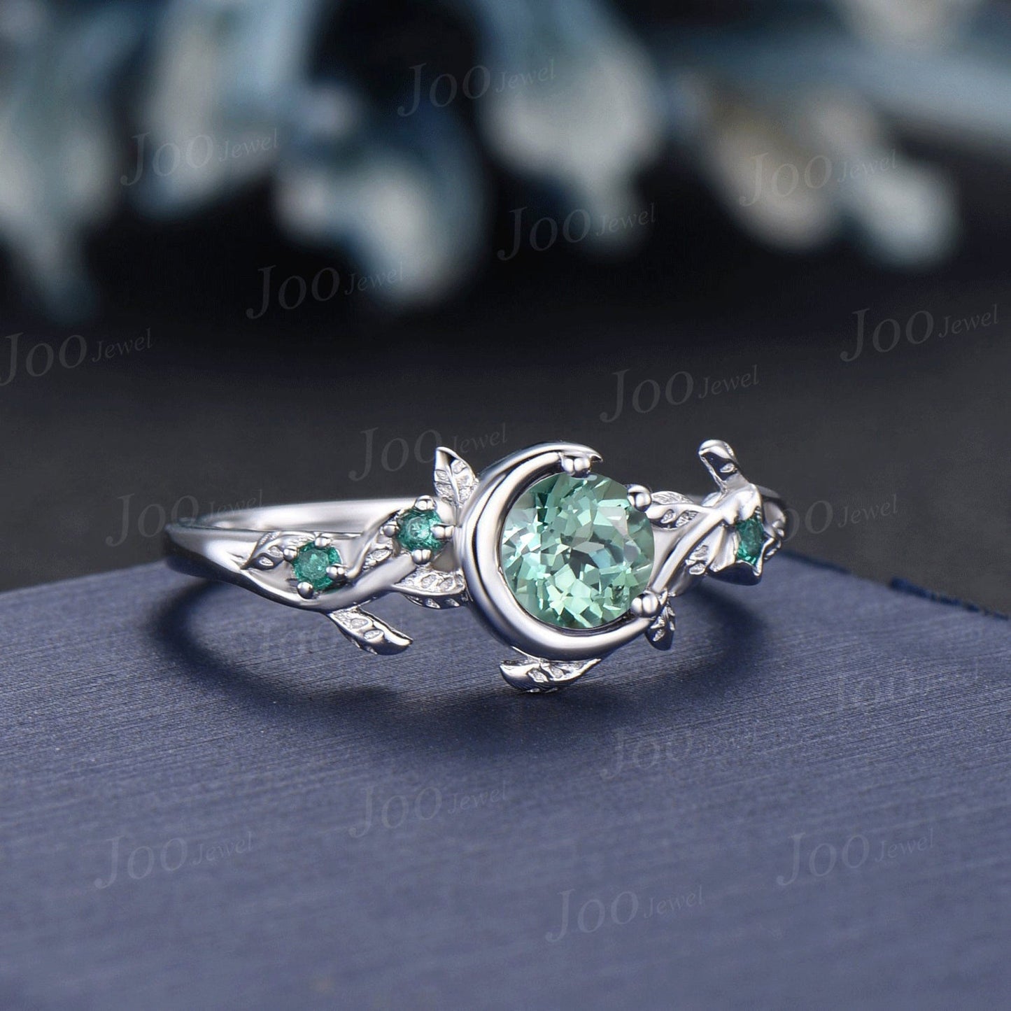Nature Inspired Green Sapphire Ring Moon Star Design Vintage 5mm Round Olive Sapphire Engagement Ring Leaf Green Emerald Dainty Wedding Ring