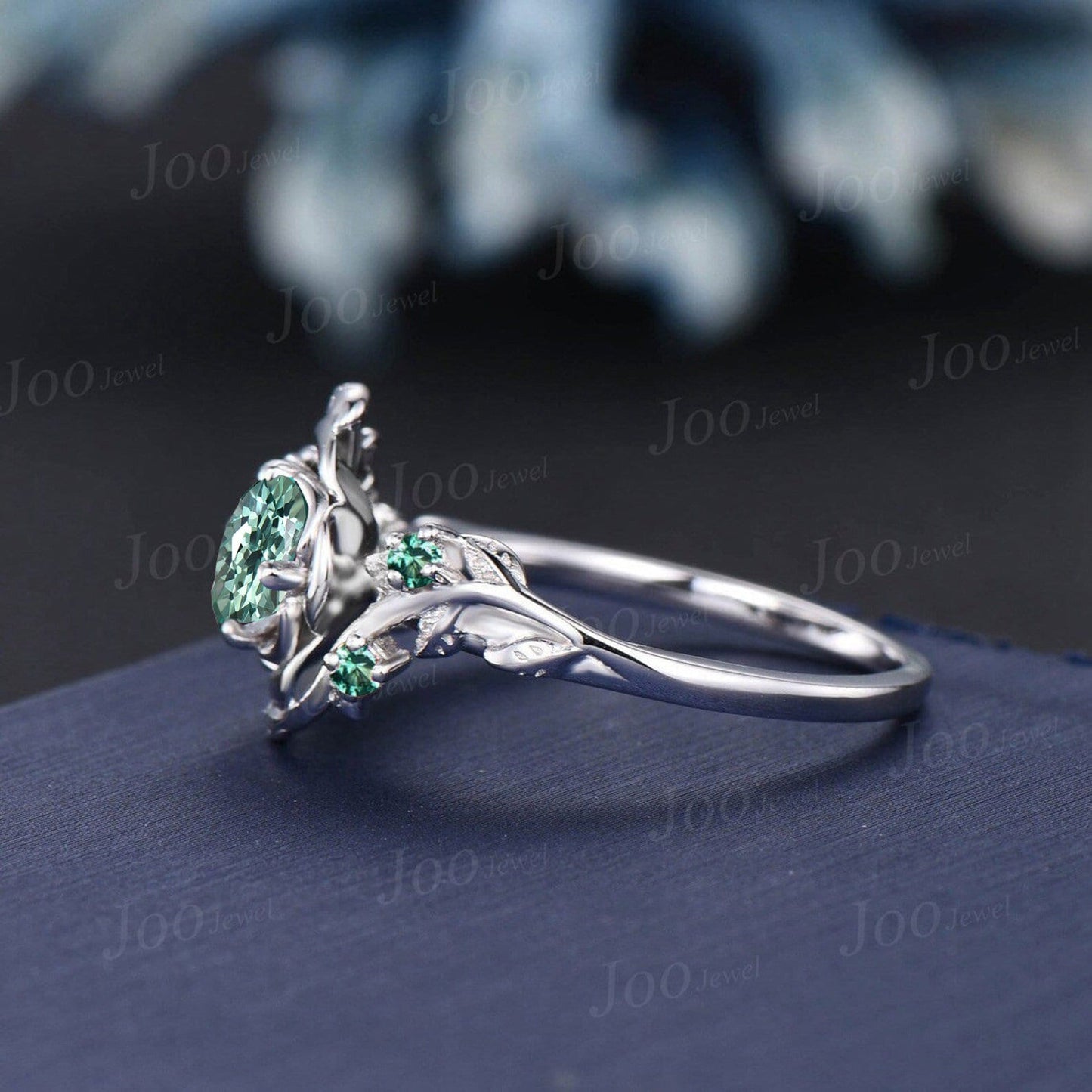 5mm Round Cut Green Sapphire Rose Flower Engagement Ring 10K Rose Gold Nature Inspired Wedding Ring Vintage Leaf Branch Green Emerald Ring