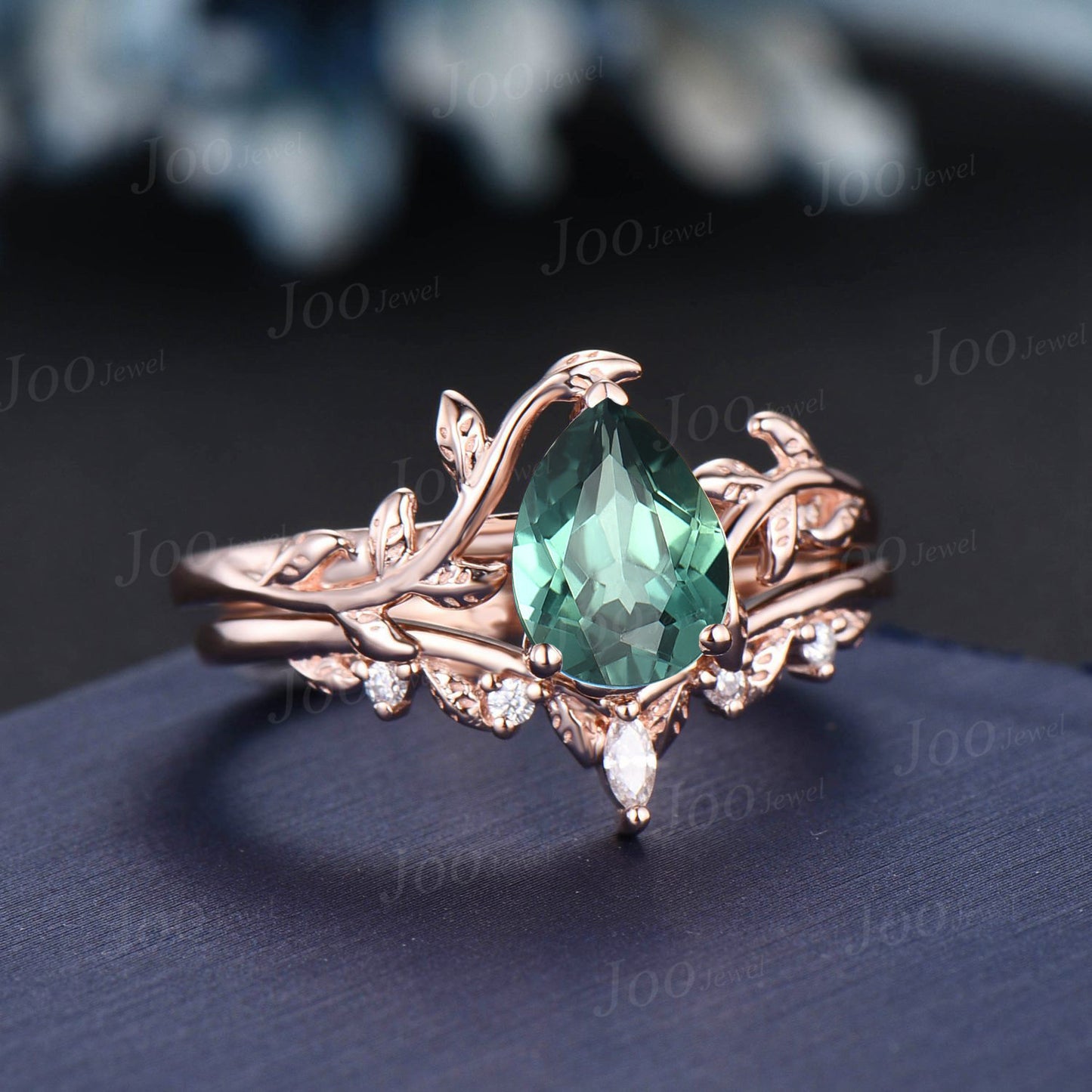 1.25ct Pear Green Sapphire Diamond Ring Set Nature Inspired Teal Montana Sapphire Engagement Ring Rose Gold Leaf Vine Branch Solitaire Ring