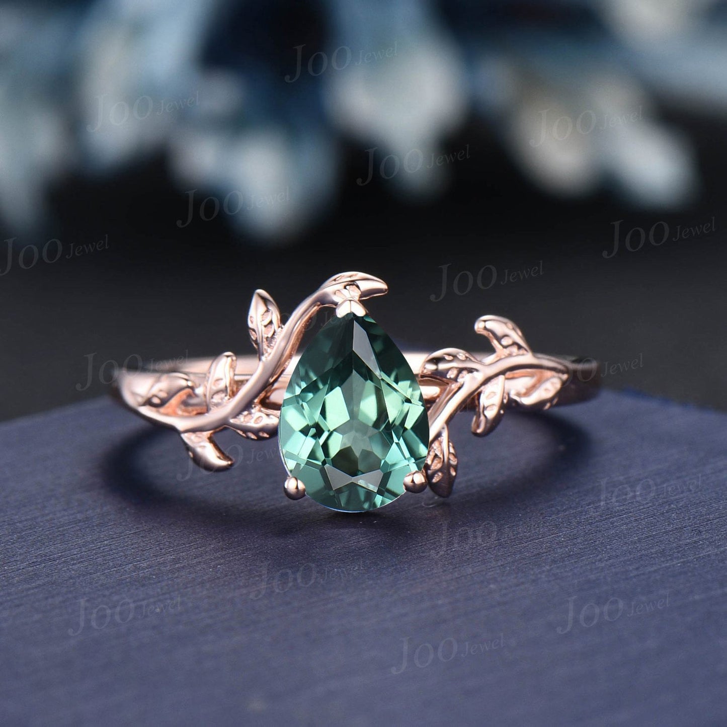 1.25ct Pear Green Sapphire Diamond Ring Set Nature Inspired Teal Montana Sapphire Engagement Ring Rose Gold Leaf Vine Branch Solitaire Ring