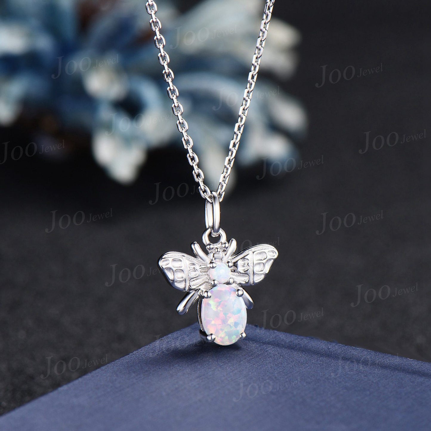 14K Solid Gold Honey Bee Necklace White Fire Opal Pendant Personalized Cute Honey Bee Opal Jewelry Women October Birthstone Birthday Gifts