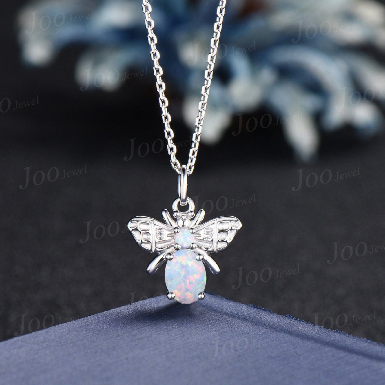 14K Solid Gold Honey Bee Necklace White Fire Opal Pendant Personalized Cute Honey Bee Opal Jewelry Women October Birthstone Birthday Gifts