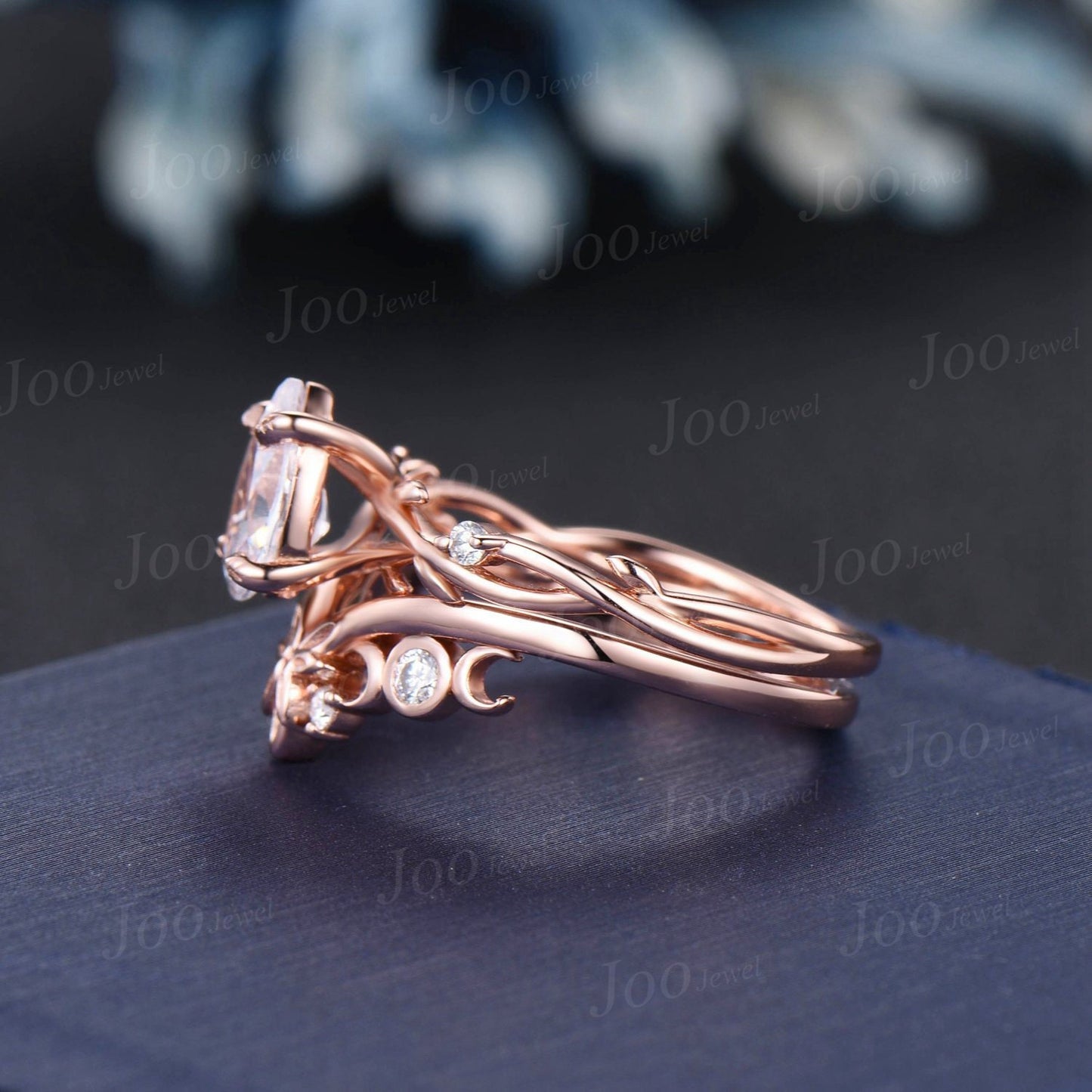 1.25ct Pear Moissanite Diamond Ring Set 14K Rose Gold Nature Inspired Twig Vine Moissanite Engagement Ring Unique Promise Anniversary Rings