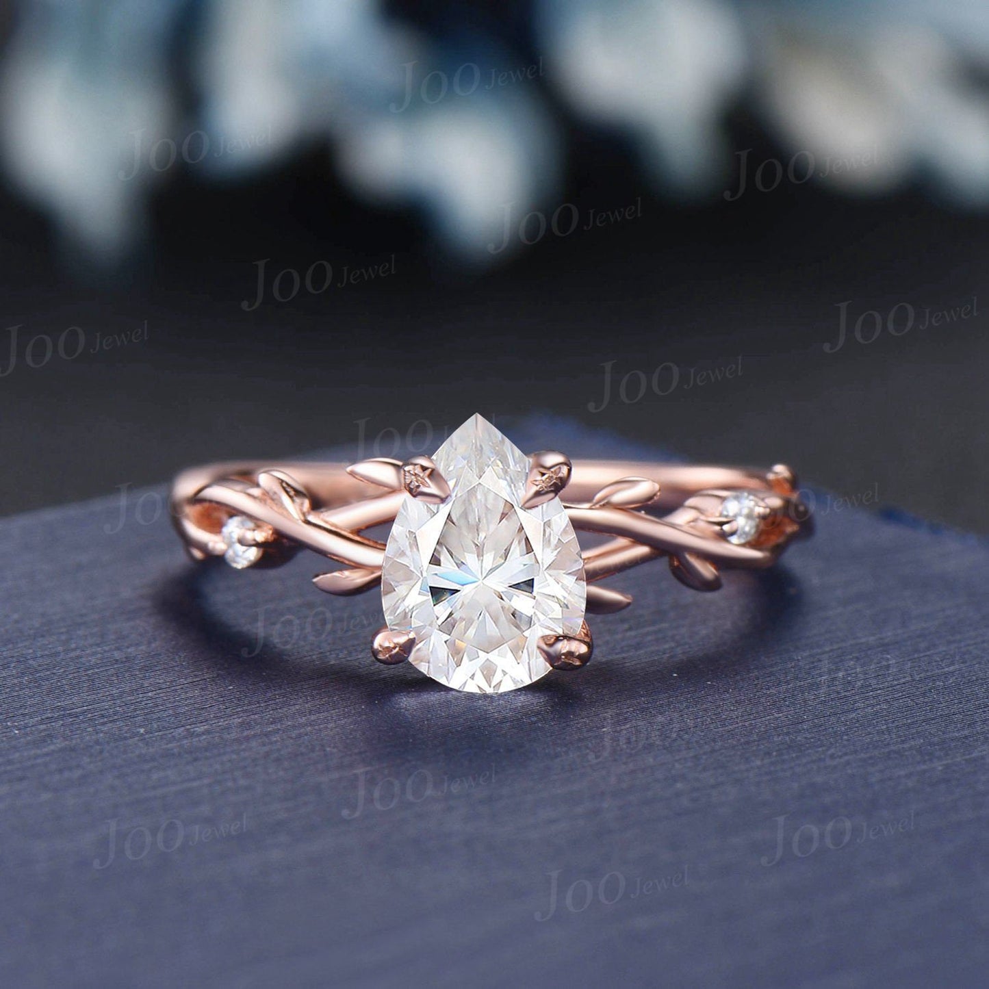 1.25ct Pear Moissanite Diamond Ring Set 14K Rose Gold Nature Inspired Twig Vine Moissanite Engagement Ring Unique Promise Anniversary Rings