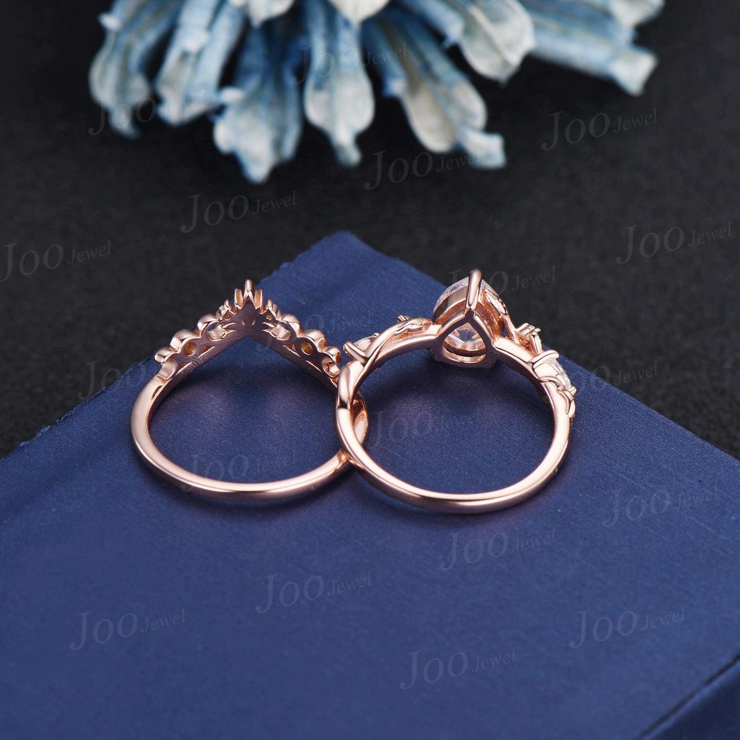 1.25ct Pear Moissanite Diamond Ring Set 14K Rose Gold Nature Inspired Twig Vine Moissanite Engagement Ring Unique Promise Anniversary Rings