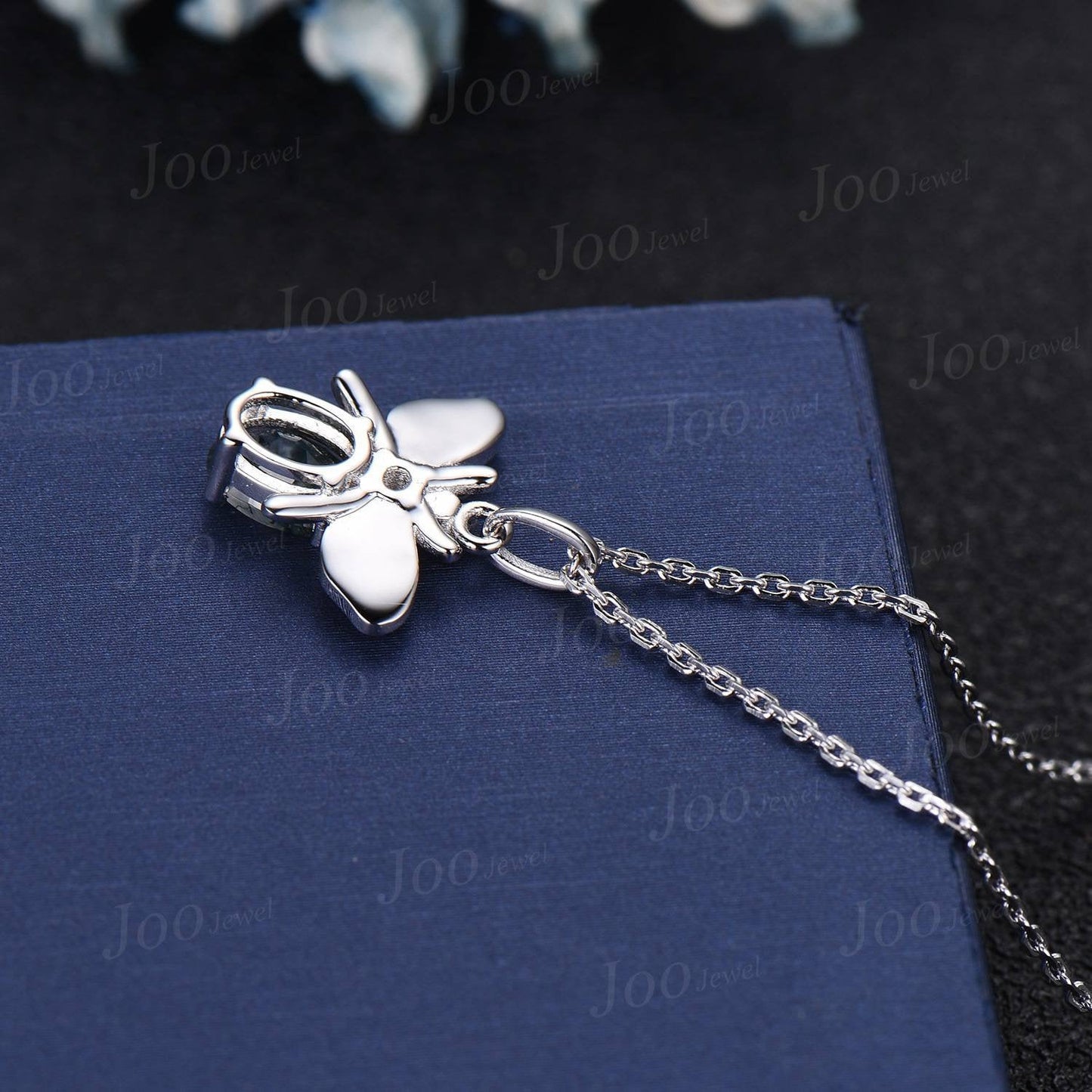 14K White Gold Honey Bee Necklace Natural Oval Moss Agate Pendant Sterling Silver Personalized Bumble Bee Agate Jewelry Unique Birthday Gift