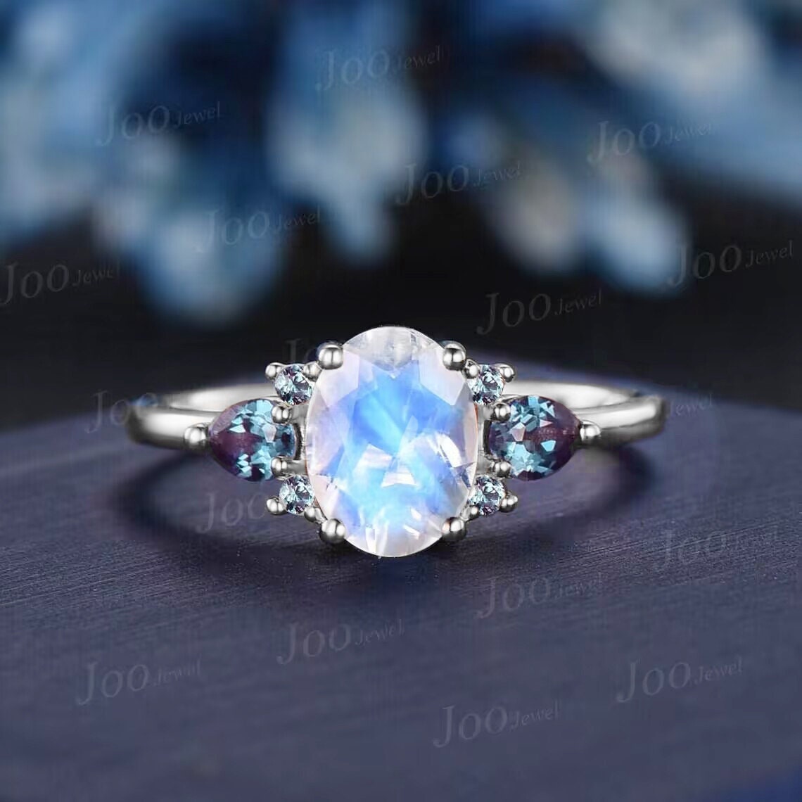 1.5ct Oval Natural Blue Moonstone Engagement Ring Vintage Color-Change Pear Alexandrite Wedding Ring June Birthstone Birthday/Promise Gifts