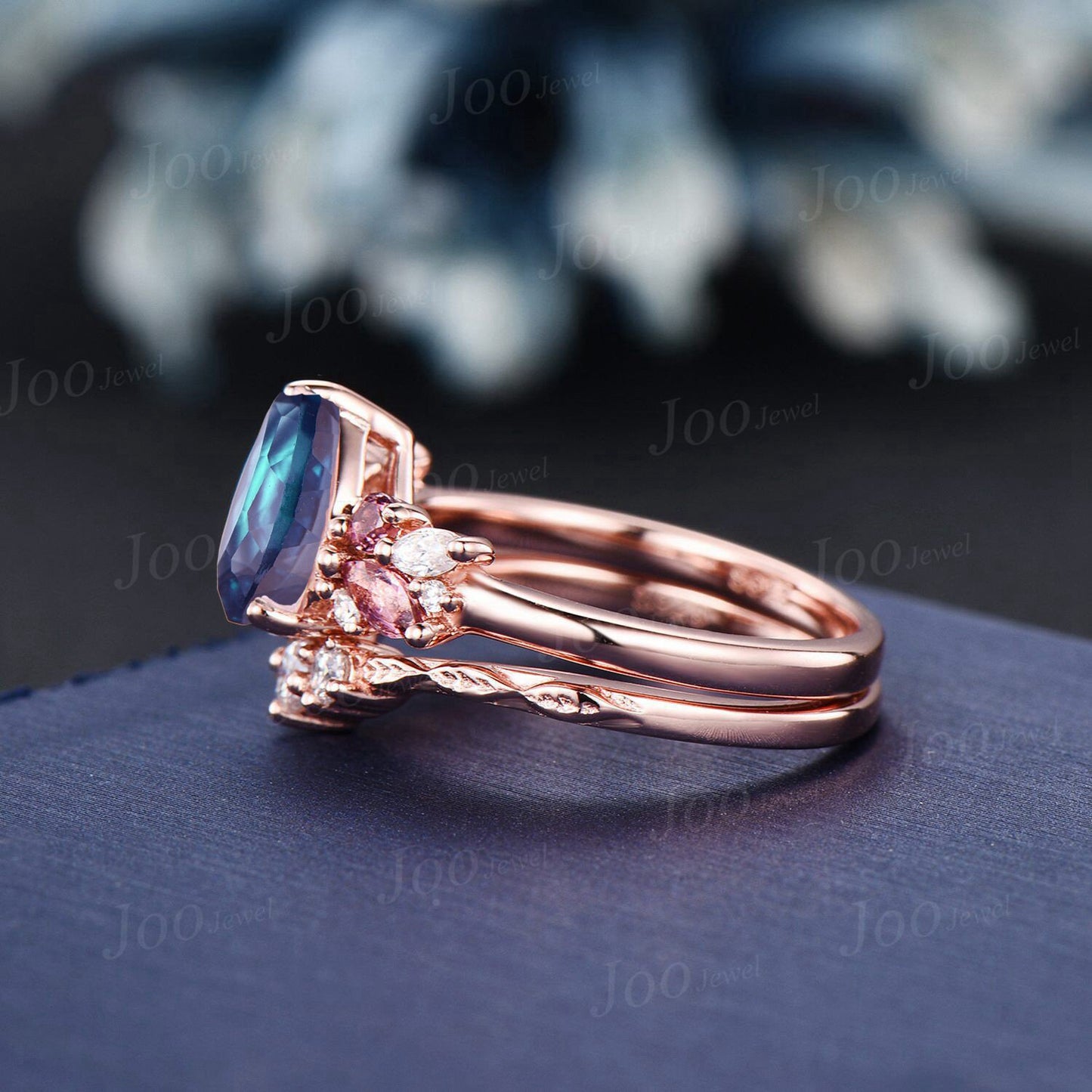 Pear Alexandrite Engagement Ring Vine Twig Moissanite Band 1.25ct Alexandrite Pink Tourmaline Bridal Set Promise Ring June Birthstone Gifts