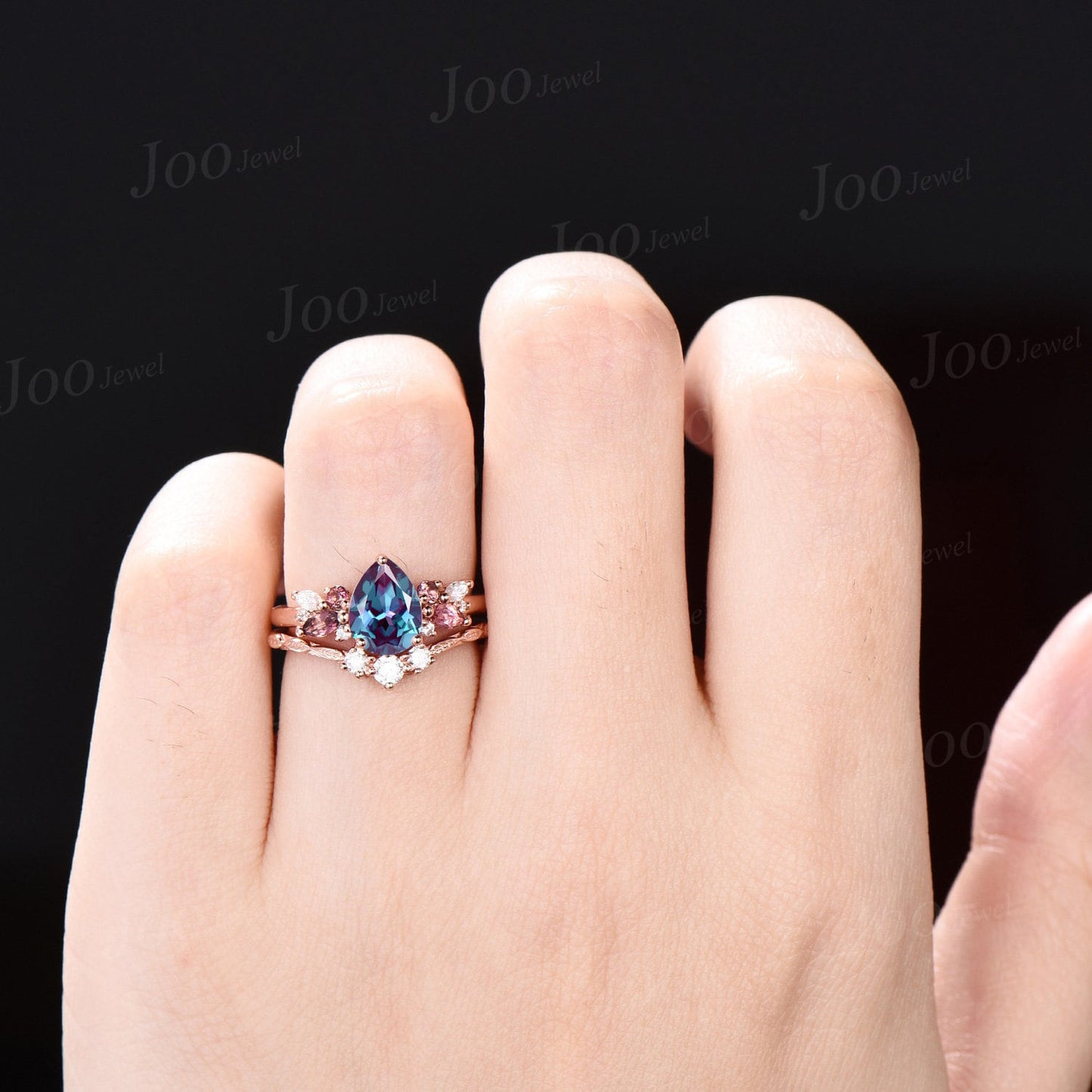 Pear Alexandrite Engagement Ring Vine Twig Moissanite Band 1.25ct Alexandrite Pink Tourmaline Bridal Set Promise Ring June Birthstone Gifts
