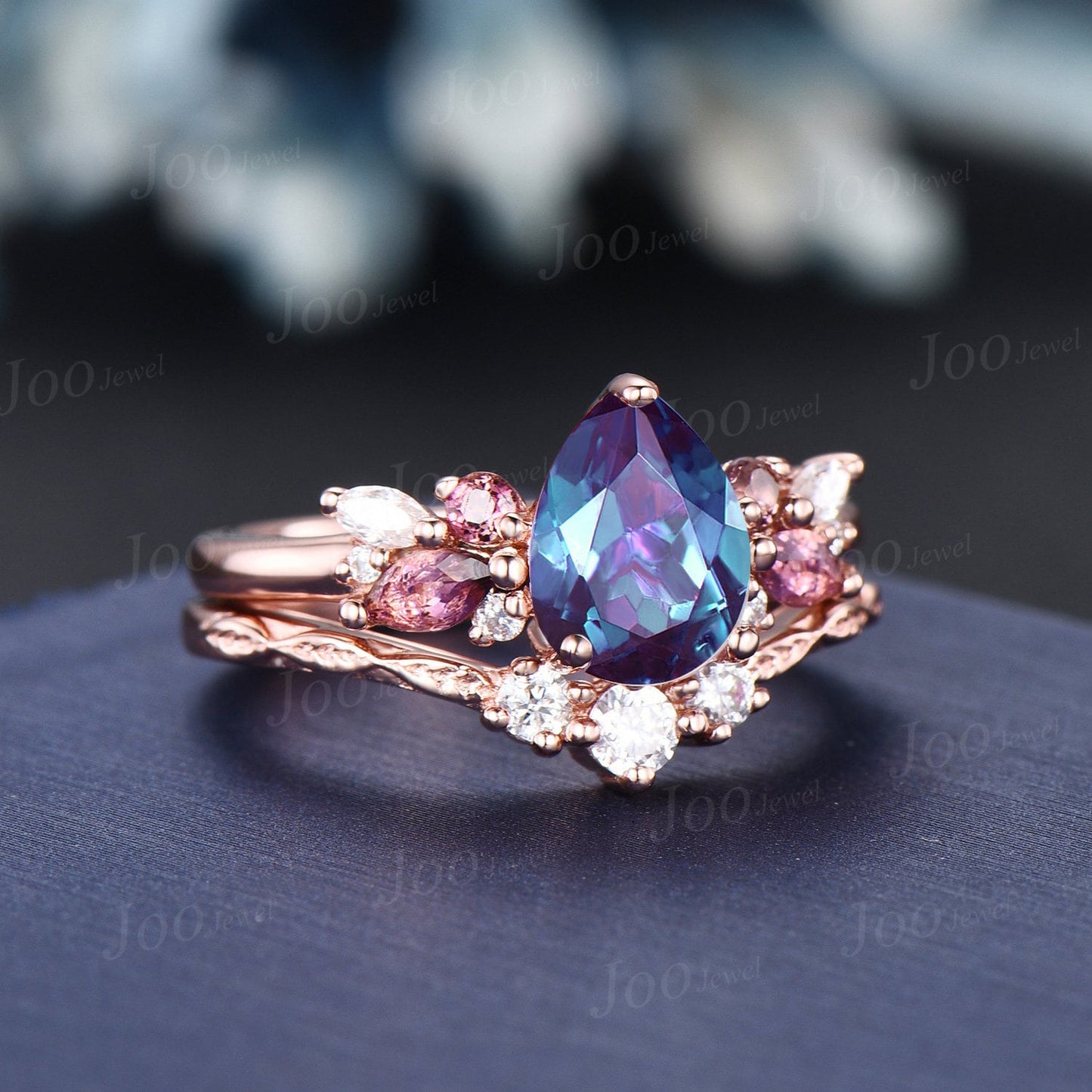 Pear Alexandrite Engagement Ring Vine Twig Moissanite Band 1.25ct Alexandrite Pink Tourmaline Bridal Set Promise Ring June Birthstone Gifts