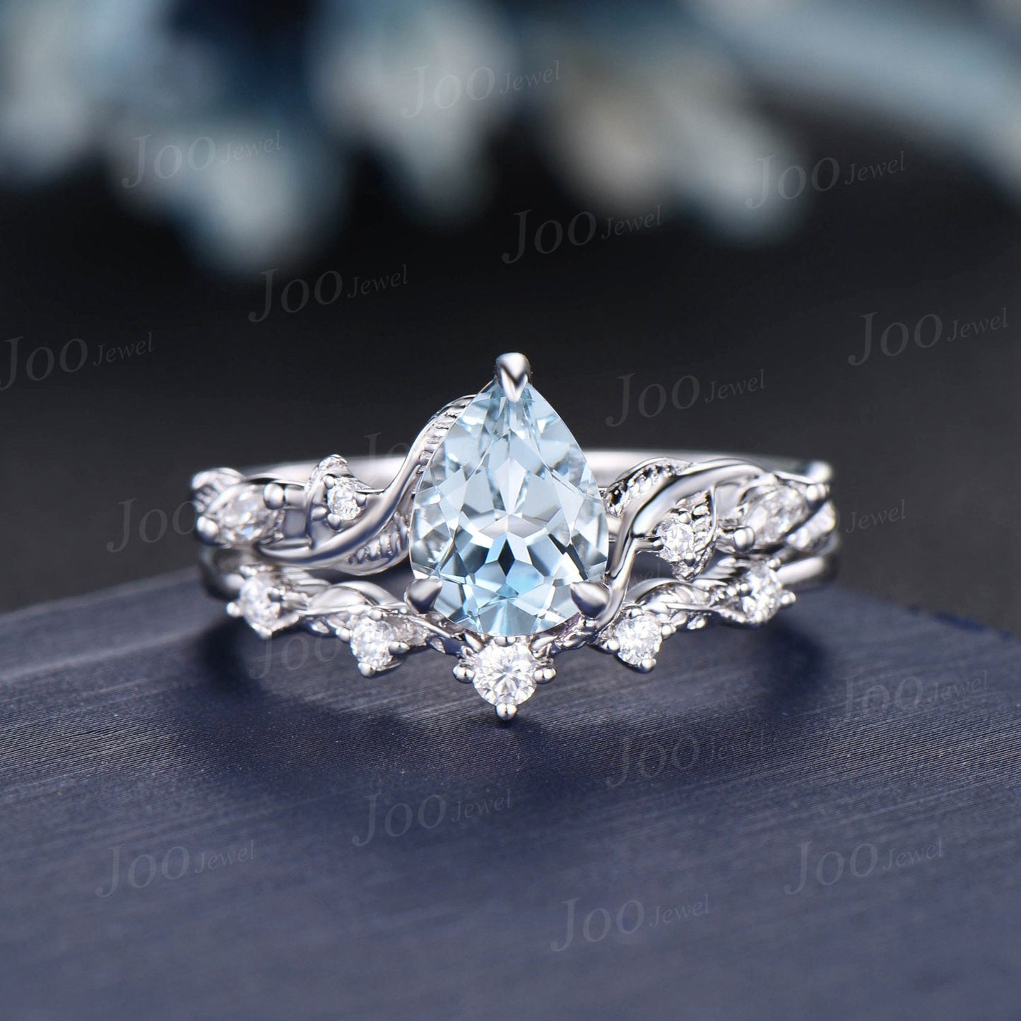 1.25ct Twig Vine Nature Inspired Natural Aquamarine Diamond Engagement Ring 14K White Gold Moissanite Wedding Leaf Bridal Set Promise Gifts
