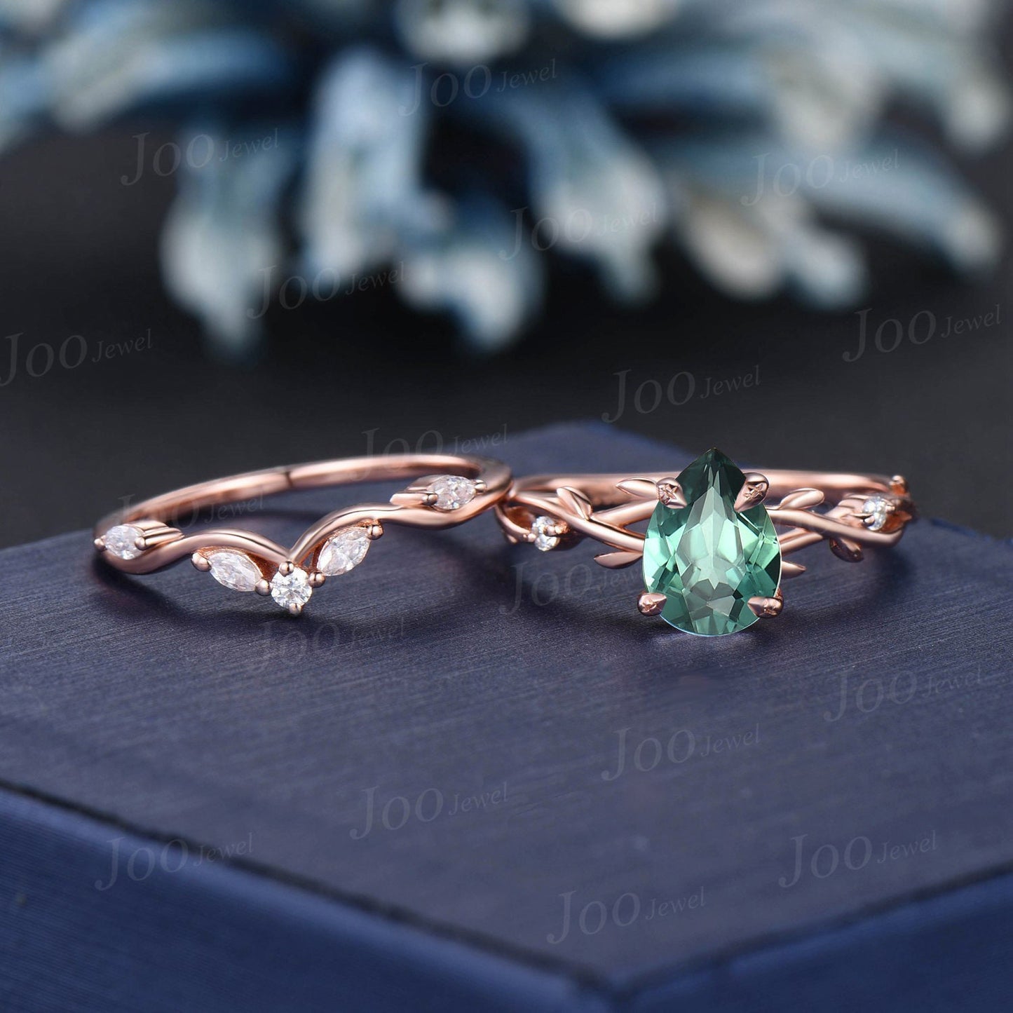 Green Sapphire Diamond Ring Set 1.25ct Pear Green Blue Montana Teal Sapphire Engagement Ring Marquise Moissanite Ring Rose Gold Bridal Ring