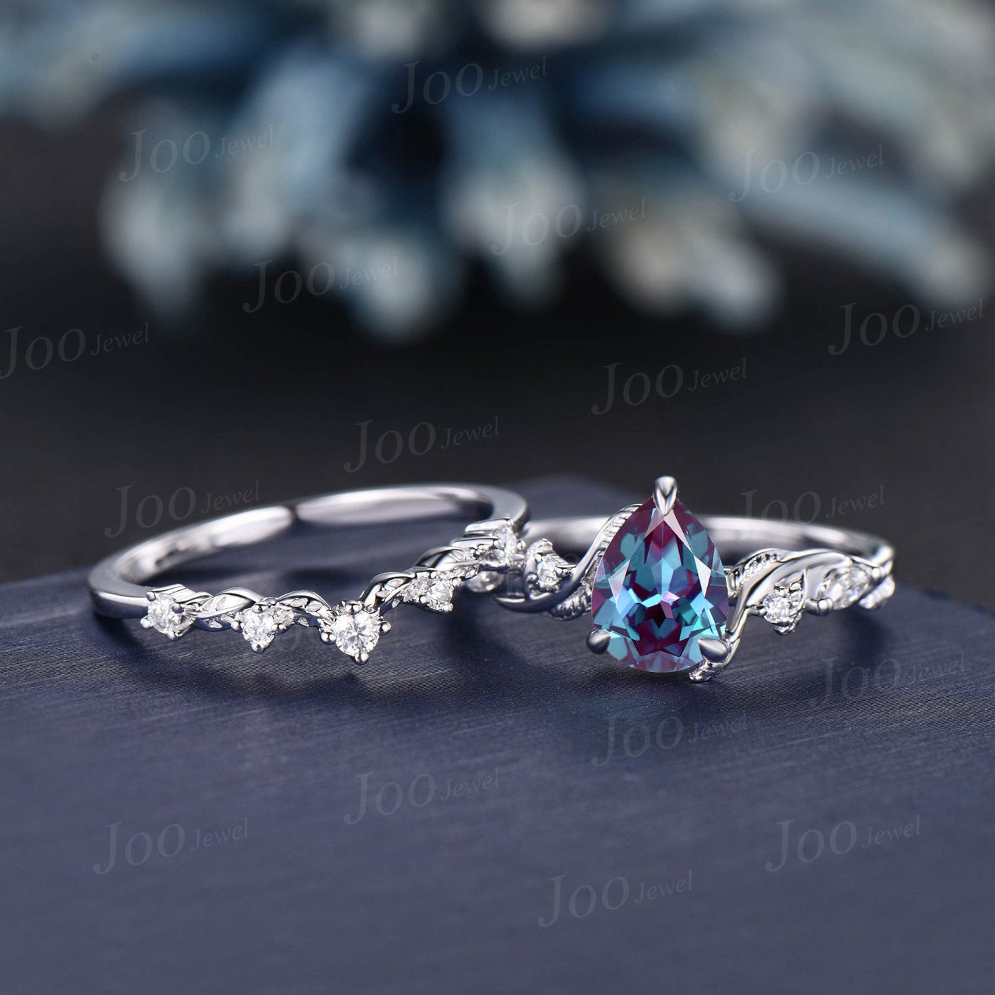 Nature Inspired Color-Change Alexandrite Diamond Bridal Set 14K White Gold Pear Alexandrite Wedding Ring Set June Birthstone Jewelry Gifts