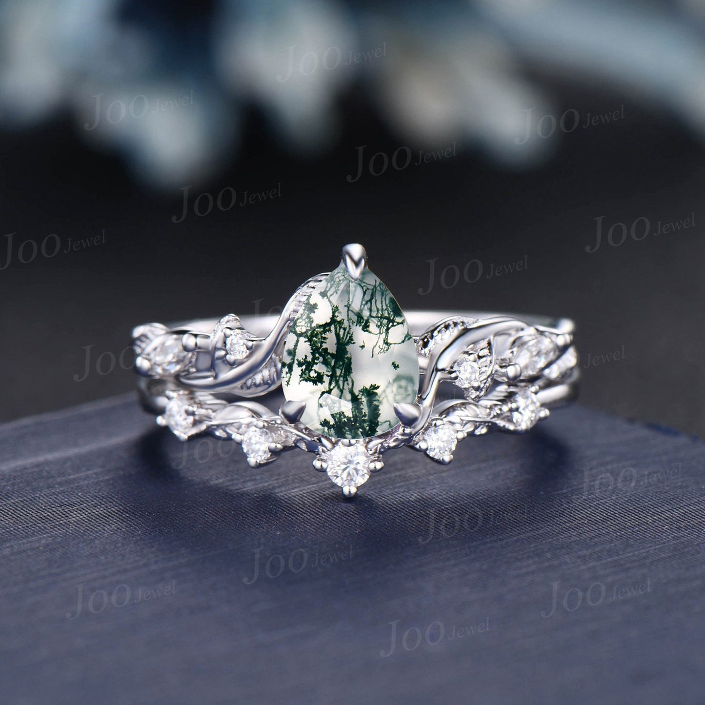 Nature Inspired Natural Moss Agate Diamond Engagement Ring Set 14K White Gold Pear Agate Wedding Ring Set Women Green Gemstone Jewelry Gifts