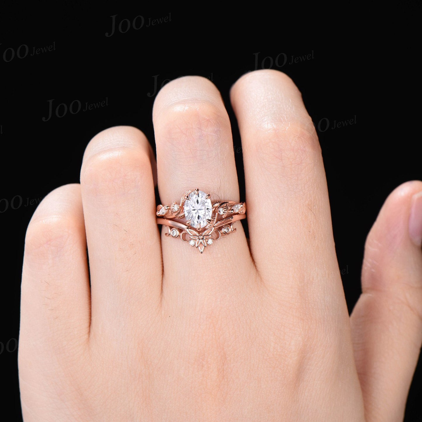 1.5ct Moissanite Diamond Wedding Ring Set 14K Rose Gold Nature Inspired Moon Leaf Oval Moissanite Engagement Ring Unique Anniversary Gifts