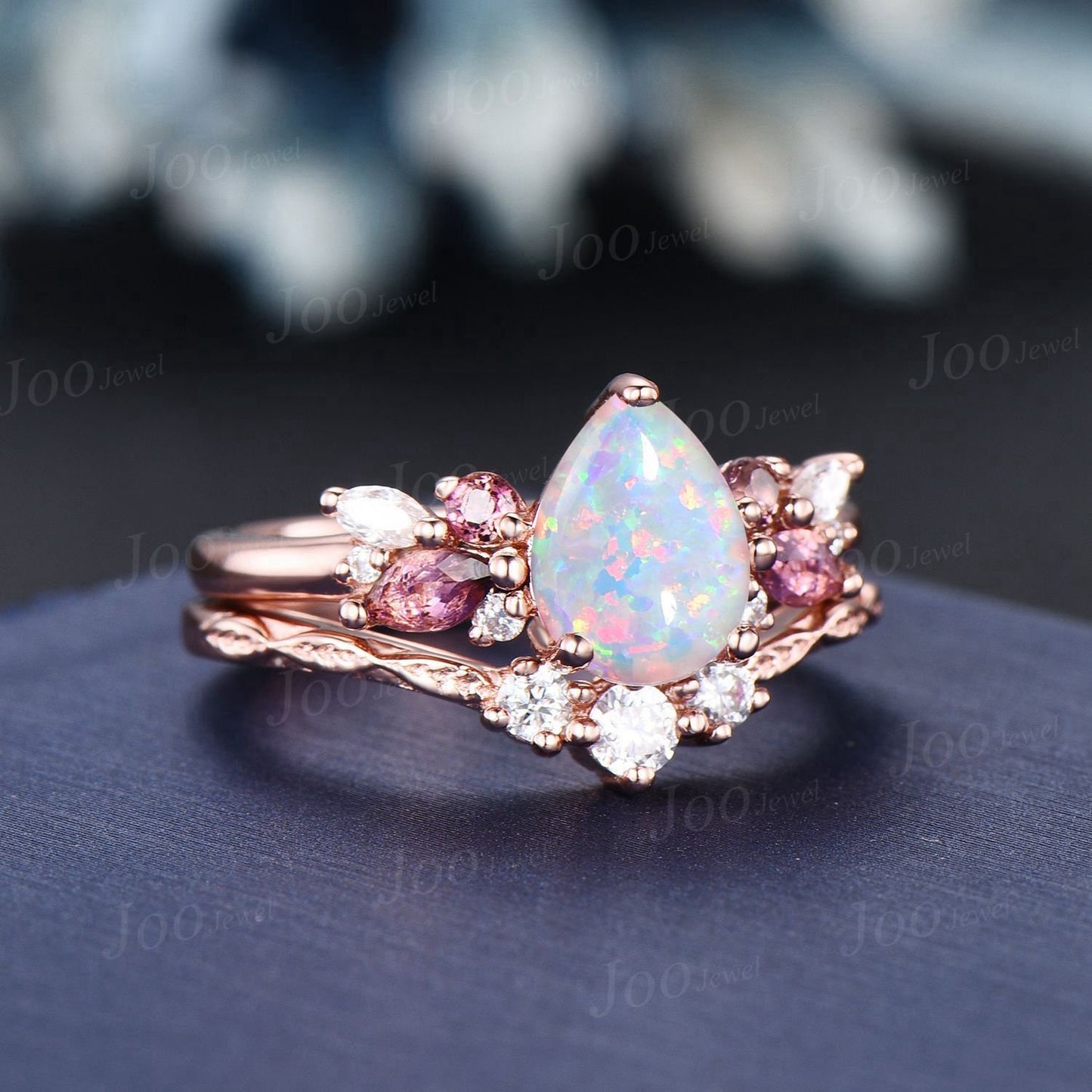 Pink Tourmaline Opal Cluster Bridal Set 1.25ct Pear Opal Engagement Ring Set Vine Twig Moissanite Band Promise Ring October Birthstone Gifts