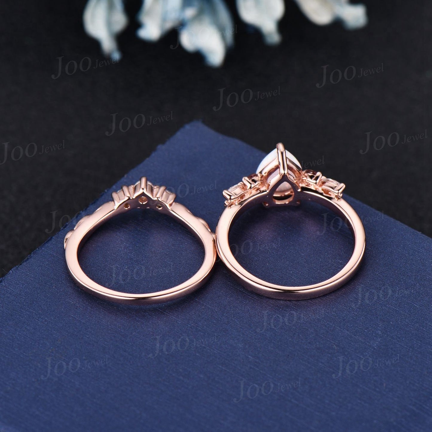 Pink Tourmaline Opal Cluster Bridal Set 1.25ct Pear Opal Engagement Ring Set Vine Twig Moissanite Band Promise Ring October Birthstone Gifts