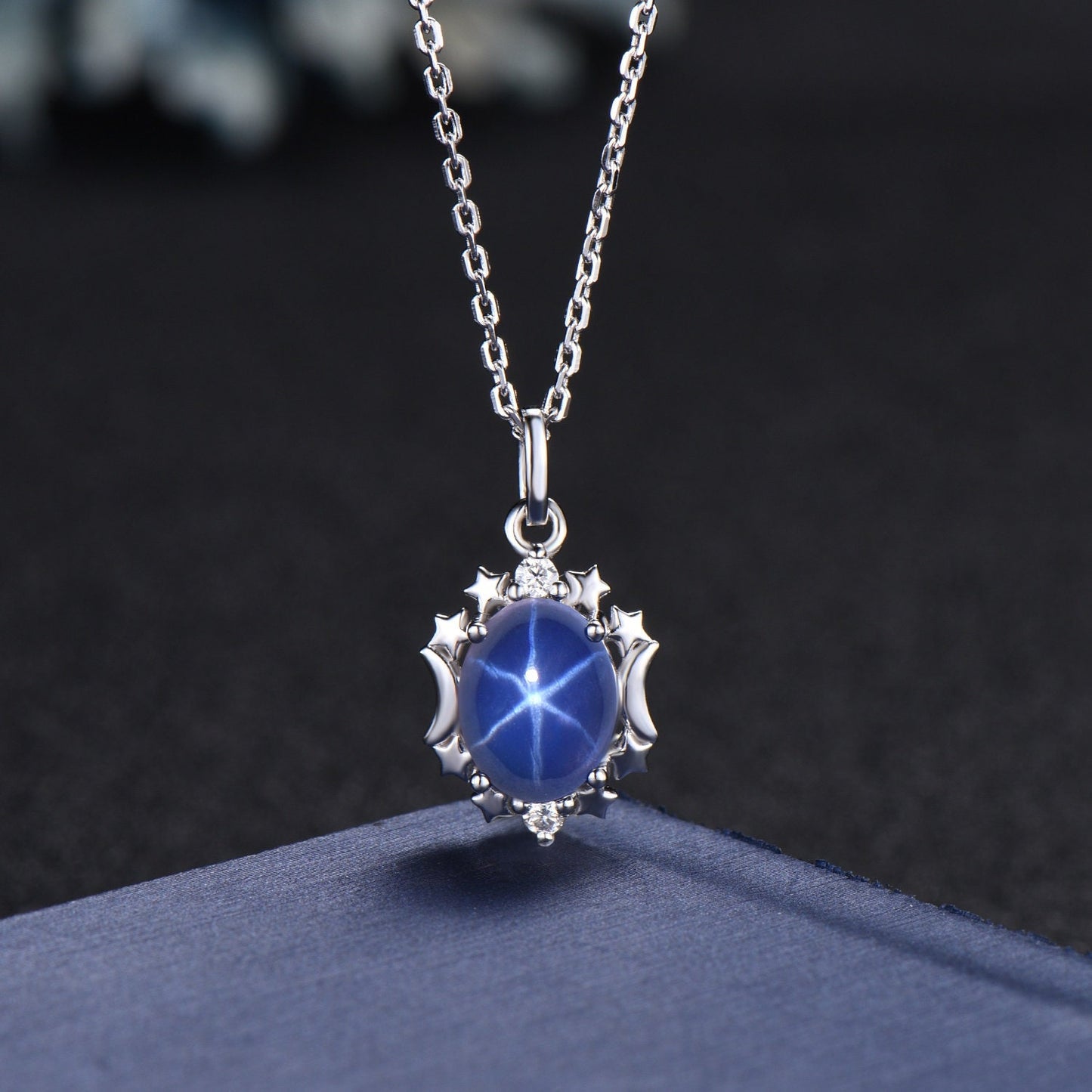 Oval Star Blue Sapphire Necklace 14K Gold Moon Star Halo Wedding Necklace Star Blue Bridal Solitaire Pendant Necklace Unique Promise Gifts