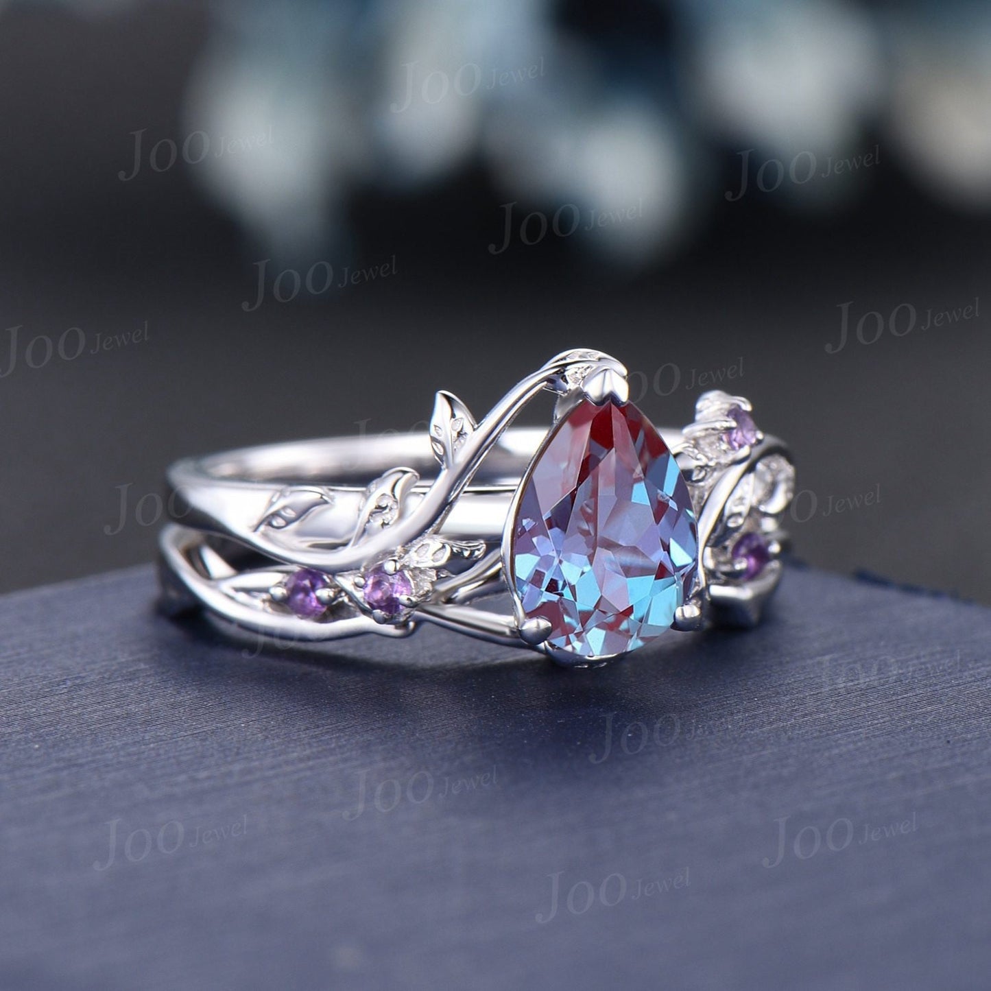 White Gold Alexandrite Pear Engagement Ring Set Nature Inspired Alexandrite Engagement Ring Leaf Vine Amethyst Ring Set Cluster Branch Ring
