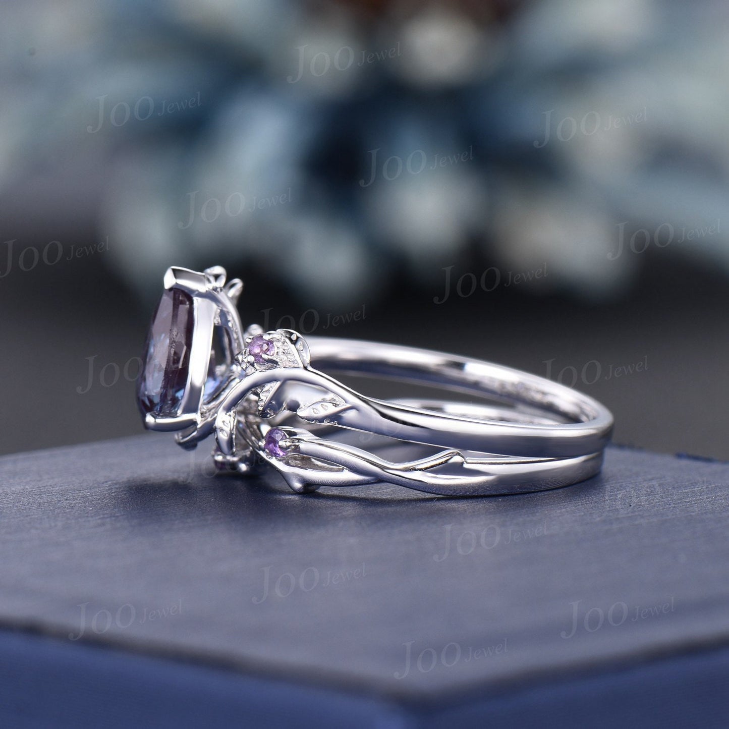 White Gold Alexandrite Pear Engagement Ring Set Nature Inspired Alexandrite Engagement Ring Leaf Vine Amethyst Ring Set Cluster Branch Ring