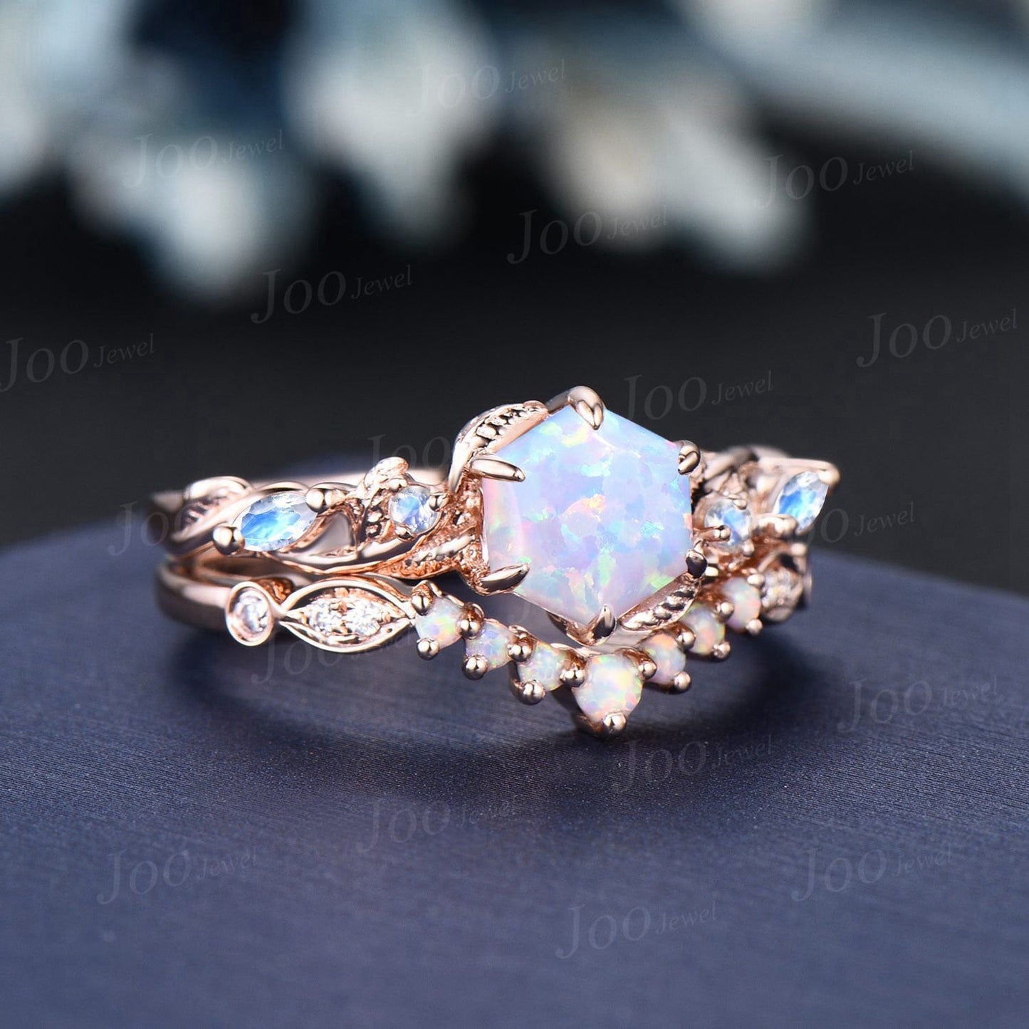 Nature Inspired Twig Opal Ring Set 10K Rose Gold 1ct Hexagon Opal Moonstone Branch Engagement Ring Unique October Birthstone Birthday Gifts