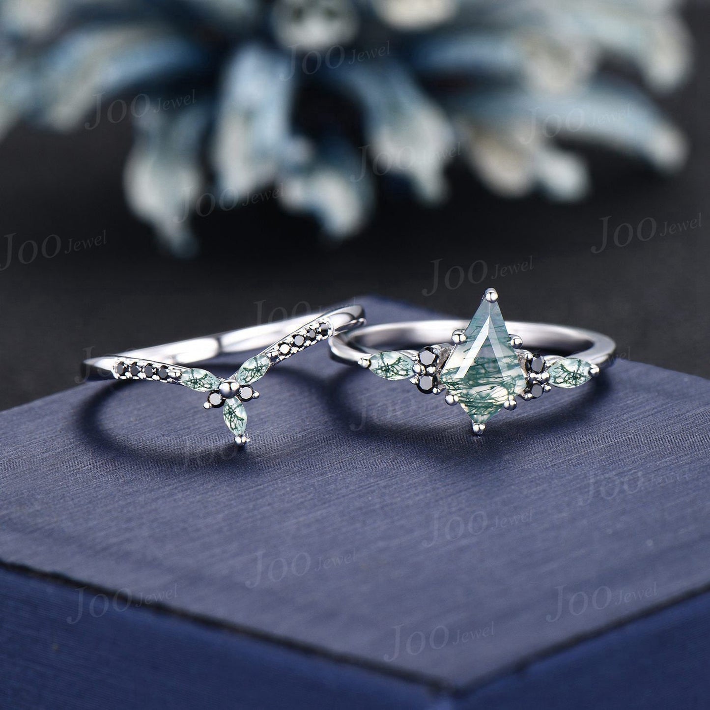 Vintage 1ct Kite Green Moss Agate Engagement Ring Set 14K White Gold Moss Agate Black Diamond Ring Women Unique Agate Stone Wedding Ring Set