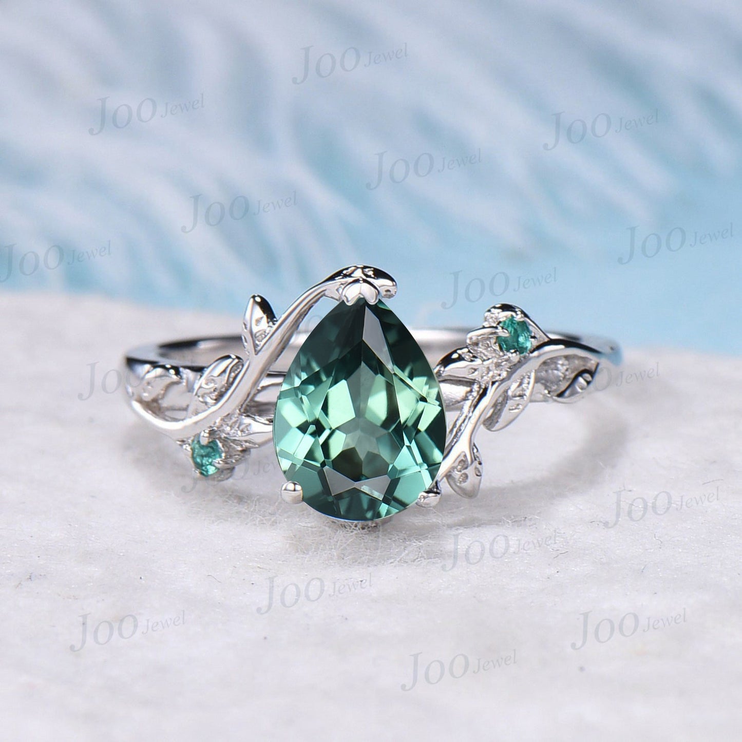 1.25ct Pear Cut Nature Inspired Green Sapphire Engagement Ring Set 10K White Gold Teal Sapphire Green Emerald Ring Unique Wedding Ring Women