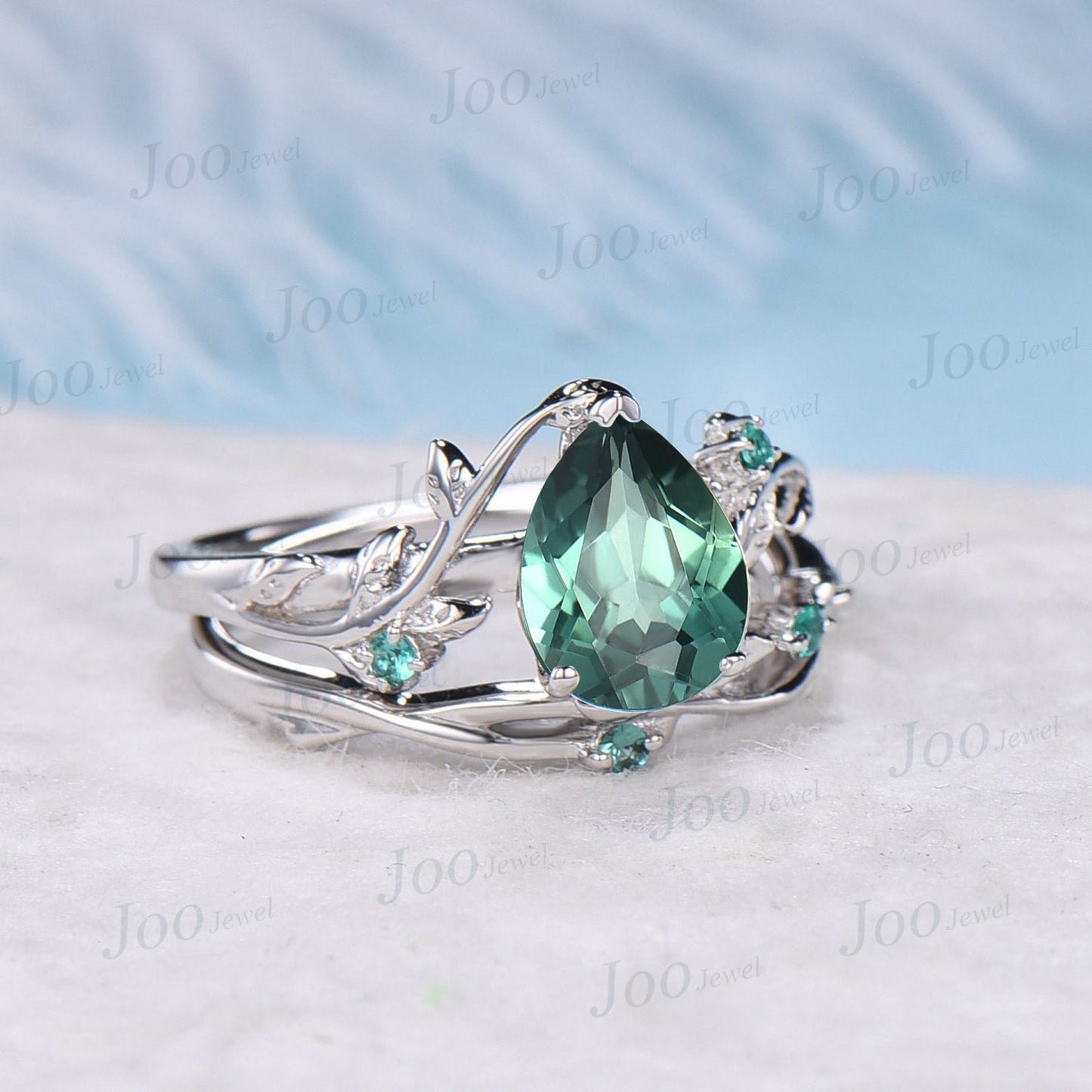 1.25ct Pear Cut Nature Inspired Green Sapphire Engagement Ring Set 10K White Gold Teal Sapphire Green Emerald Ring Unique Wedding Ring Women