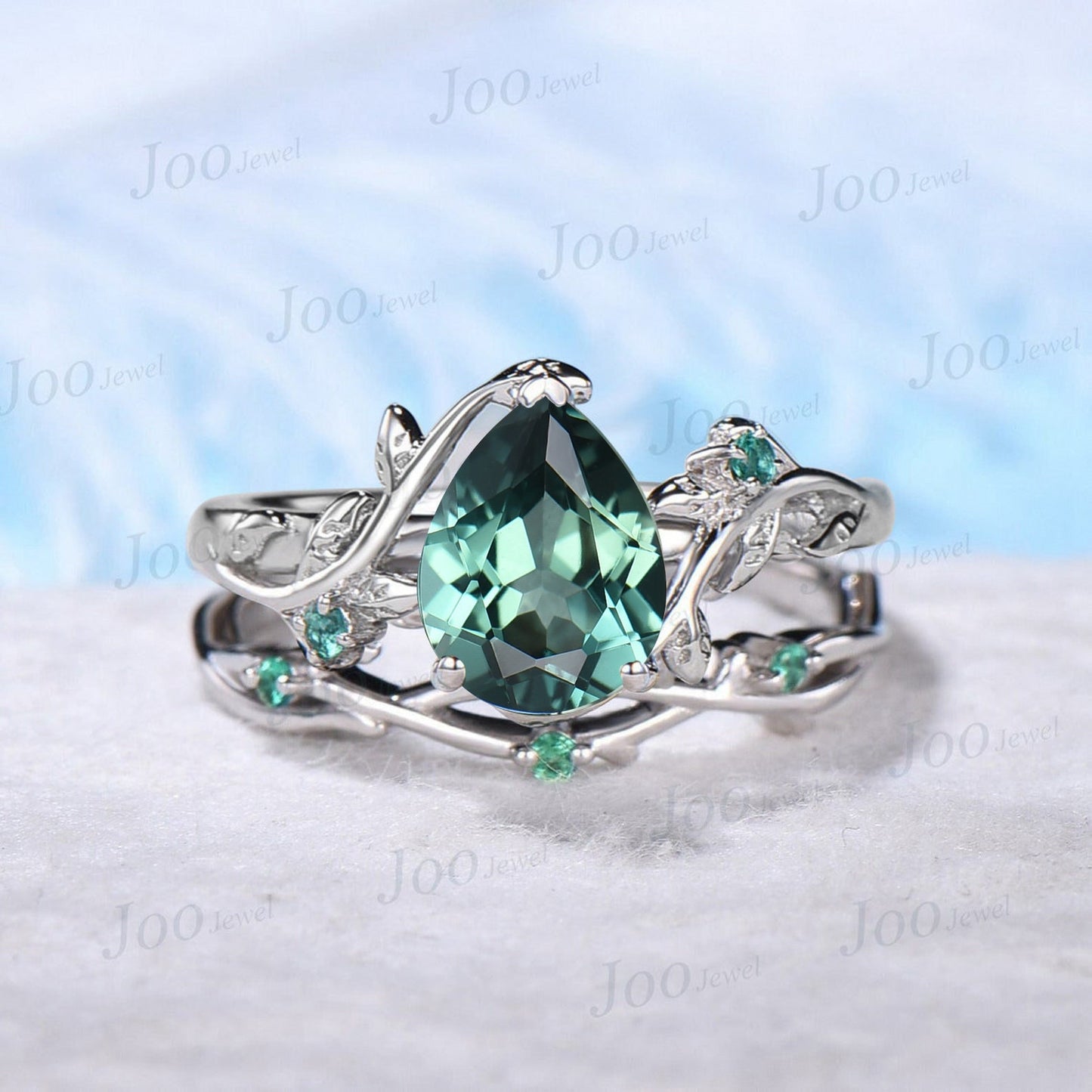 1.25ct Pear Cut Nature Inspired Green Sapphire Engagement Ring Set 10K White Gold Teal Sapphire Green Emerald Ring Unique Wedding Ring Women